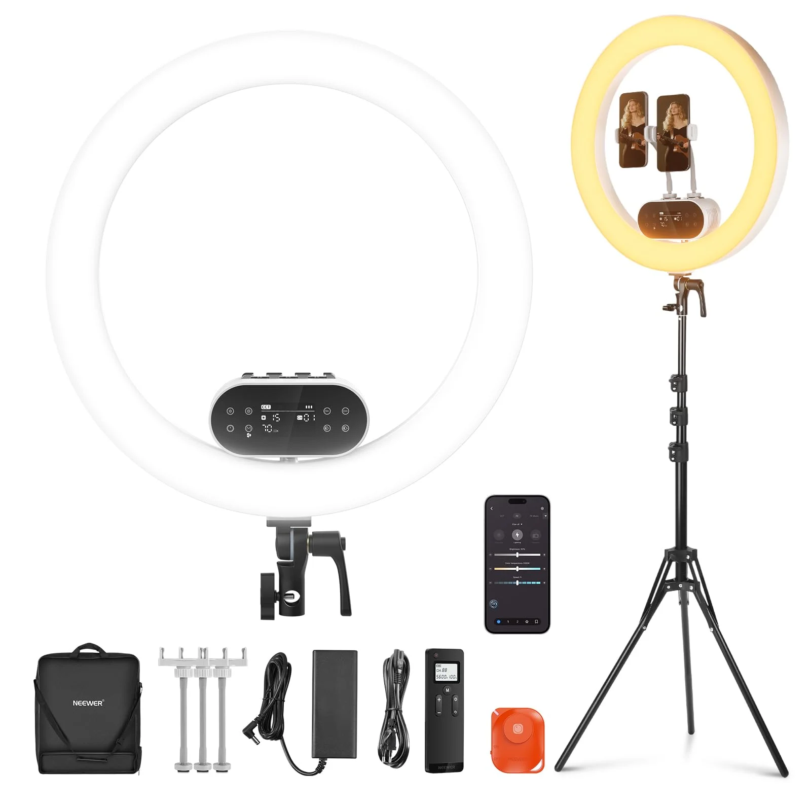NEEWER 19" 100W Hochleistungs LED Ringlicht mit Stativständer & 3 Telefonhalterungen Kompatibel mit iPhone, 2900-7000K CRI97+ App&2,4G Steuerung Beleuchtung für Selfie Video Makeup Streaming, RH100B