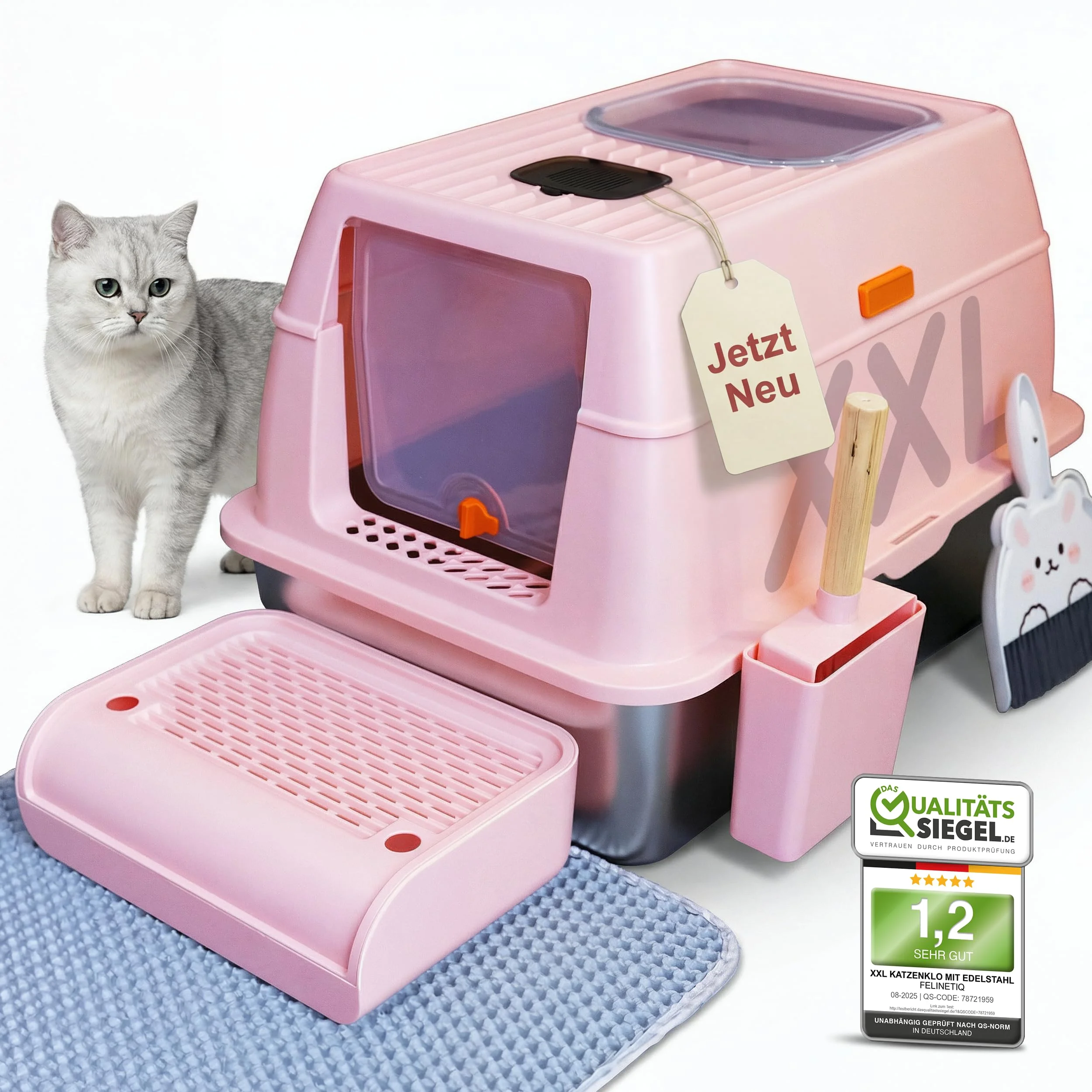 Felinetiq 3in1 Katzenklo Edelstahl mit Deckel XXL Komplett Set mit Doppeltzugang Katzenmatte Schaufel [geruchsdicht & leichte Reinigung] Antibakterielle Katzentoilette mit E-Book für Katzenliebhaber