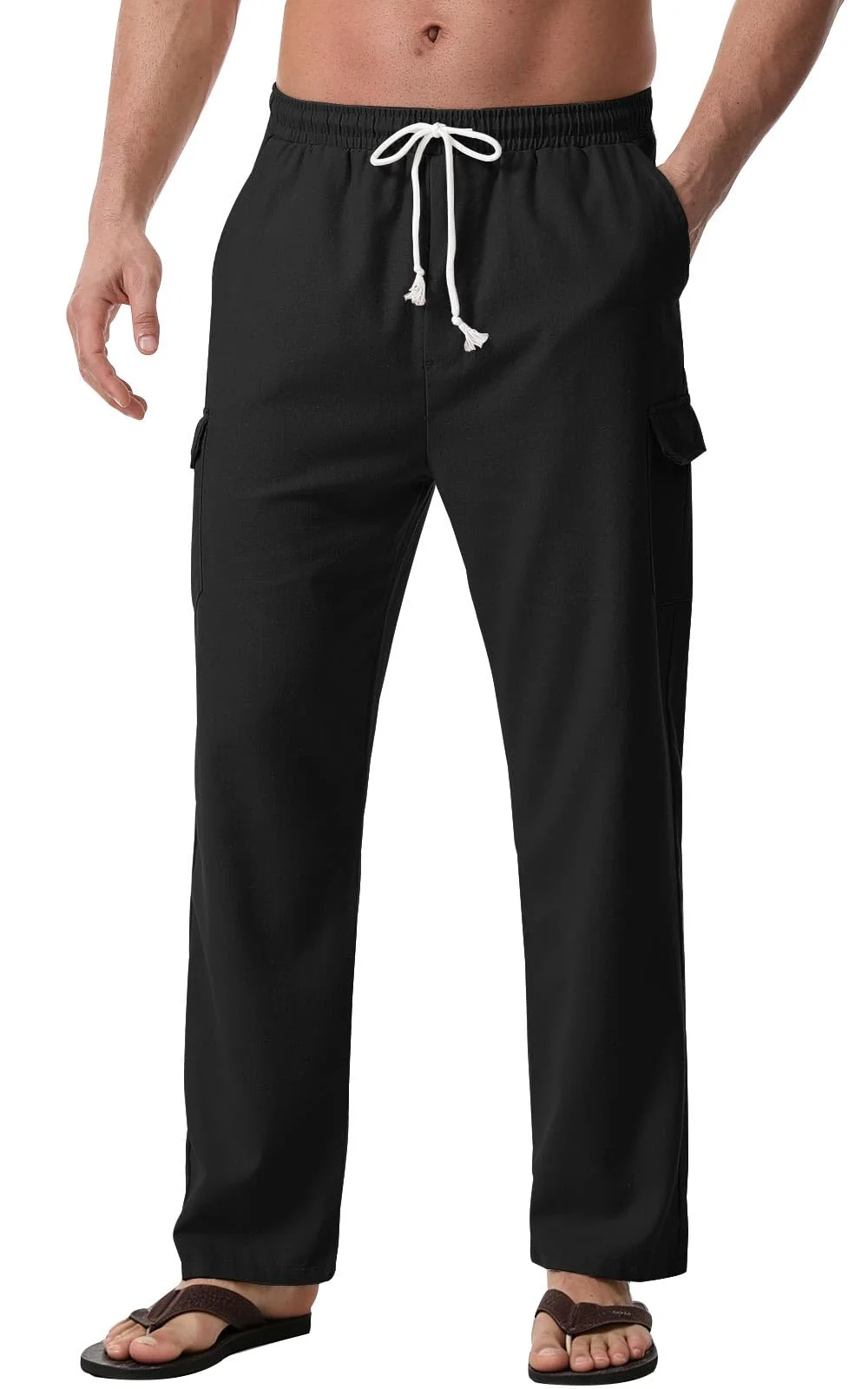 Zetieny Leinenhose Herren Lang Leichte Sommerhose Herren Loose Fit Freizeithose mit Taschen Kordelzug für Urlaub Strand Yoga Alltag
