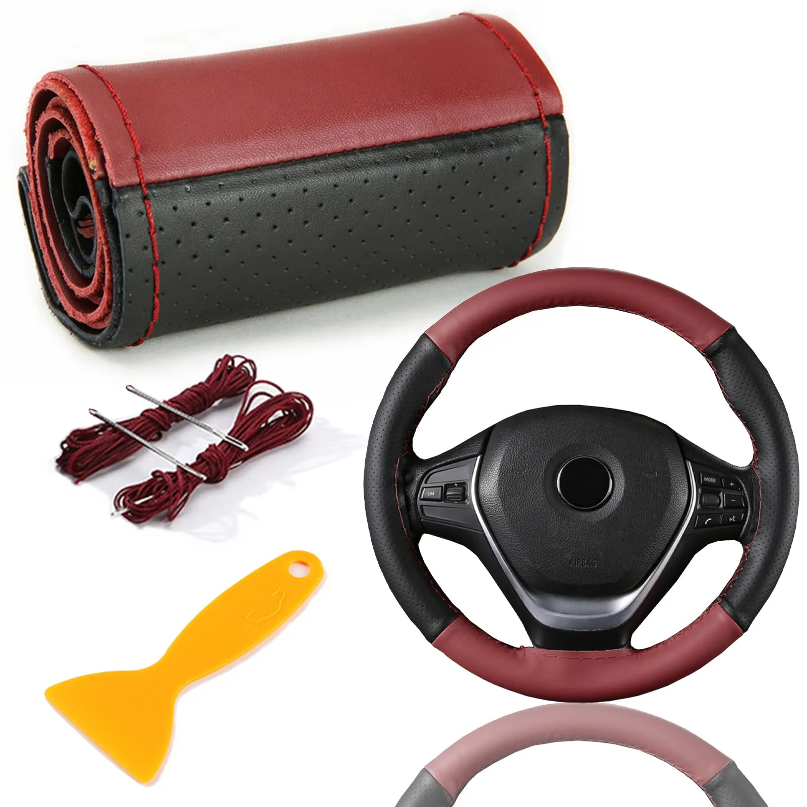 Echtes Leder Lenkradbezug, Lenkradbezug Zum Nähen, Lenkradbezug Leder Universal Passform 37-39 cm Autolenkräder, Zweifarbiger Lenkradbezug aus Leder (schwarz, weinrot)