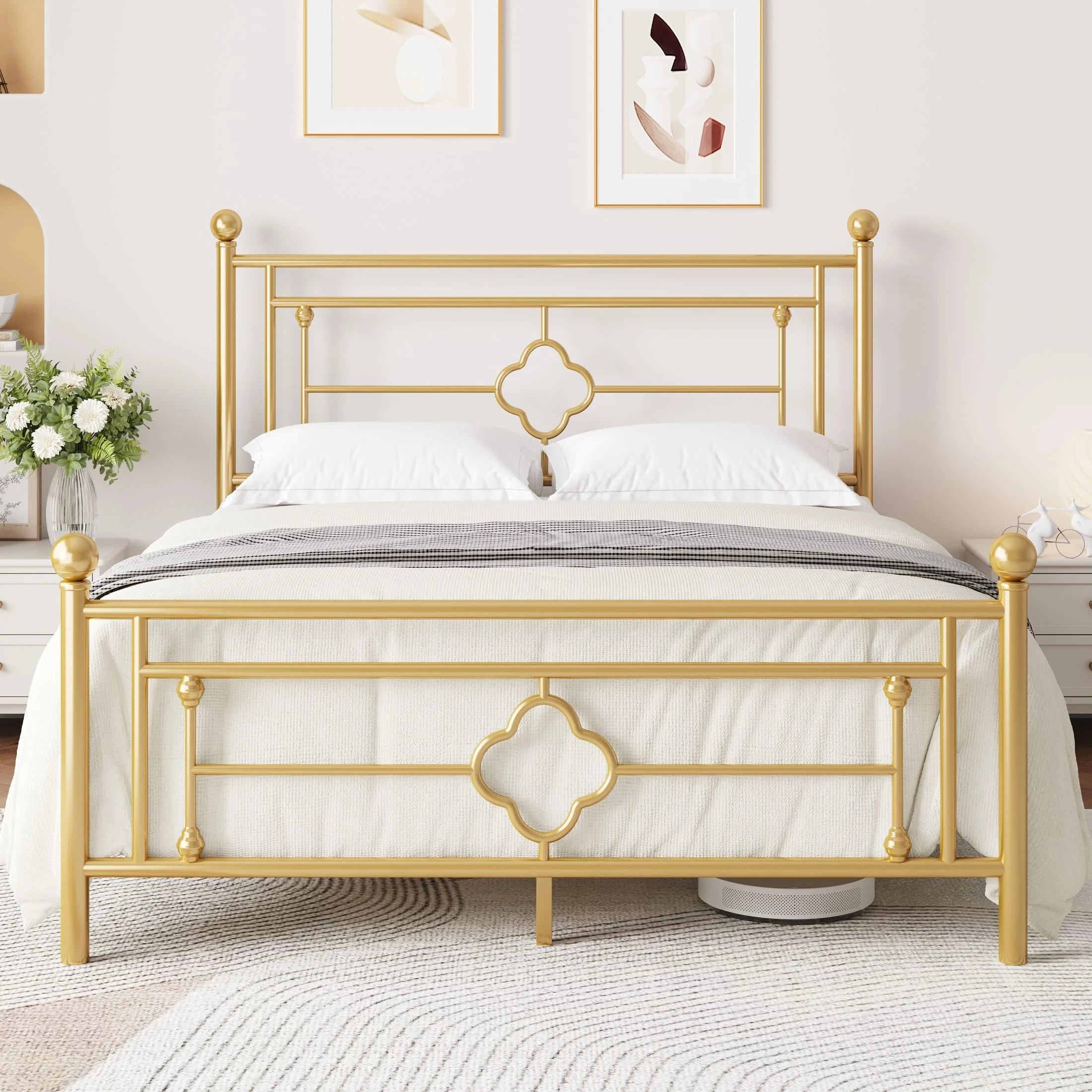 MUTICOR Metallbettgestell 160 x 200 cm, Modernes Bett mit Kopfteil und Lattenrost, Plattformbett für Schlafzimmer, Gästezimmer, Unterbett-Stauraum, Geräuschfrei, Einfache Montage, Gold