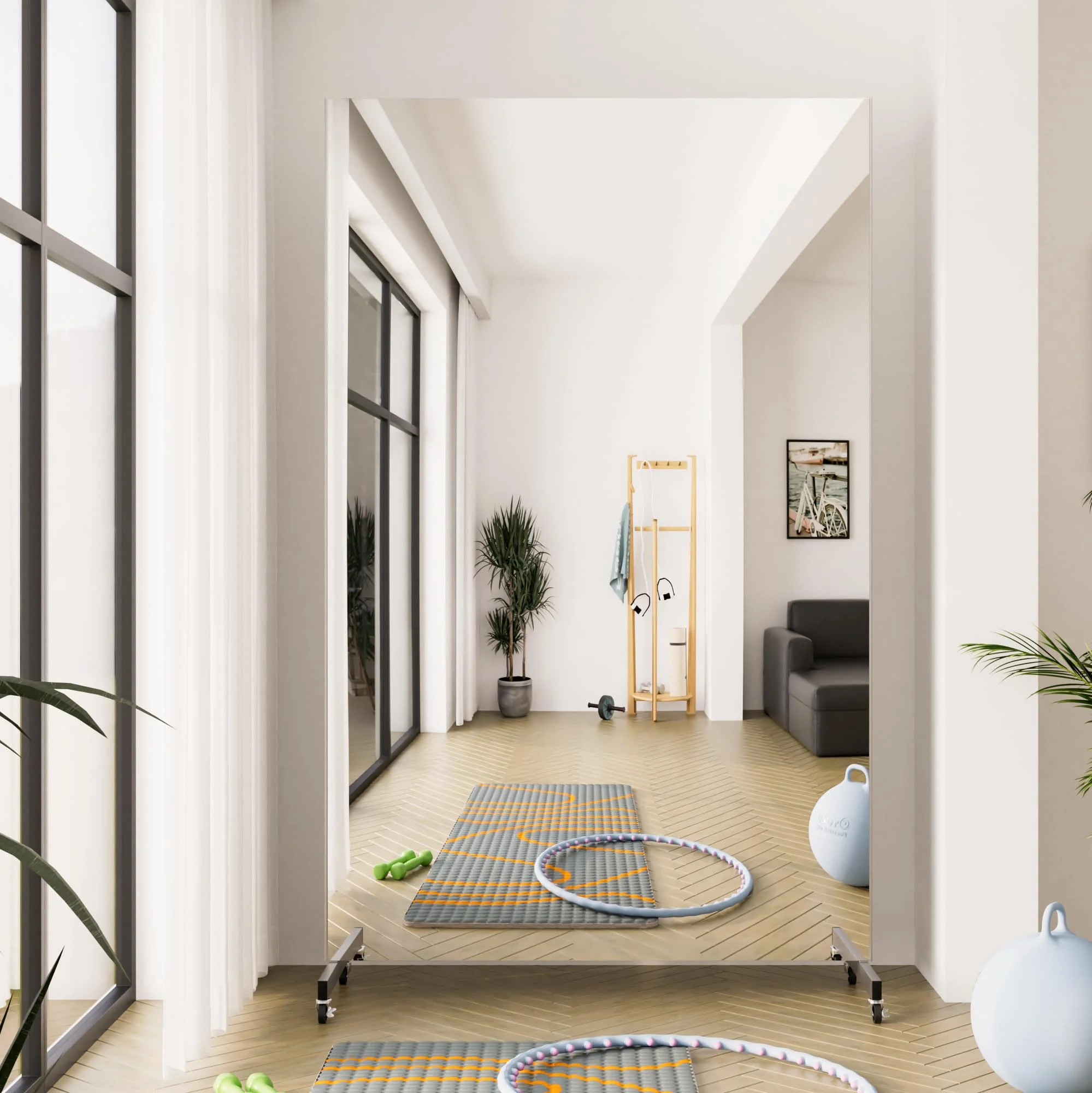 brisafe Fitness Spiegel 360° schwenkbar mit Rollen, 120 x 200 cm Ganzkörperspiegel fahrbar für Yoga Nanomaterial Superleichter, unzerbrechlicher Standspiegel Therapie, Ankleide, Weiß
