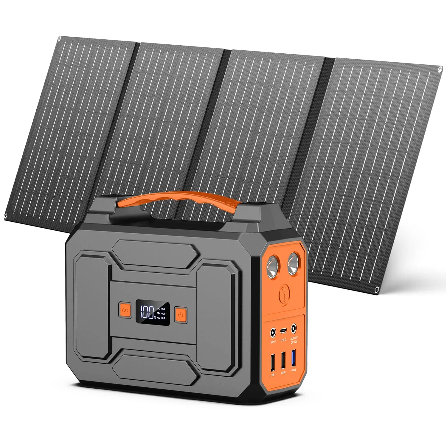 Powkey Powerstation mit Solarpanel 99Wh Tragbare Powerstation mit 40W Faltbare Solarpanel 100W Solargenarator mit 230V AC Ausgang/18W USB-A/USB-C für Wohnmobil Camping，schwarz-orange