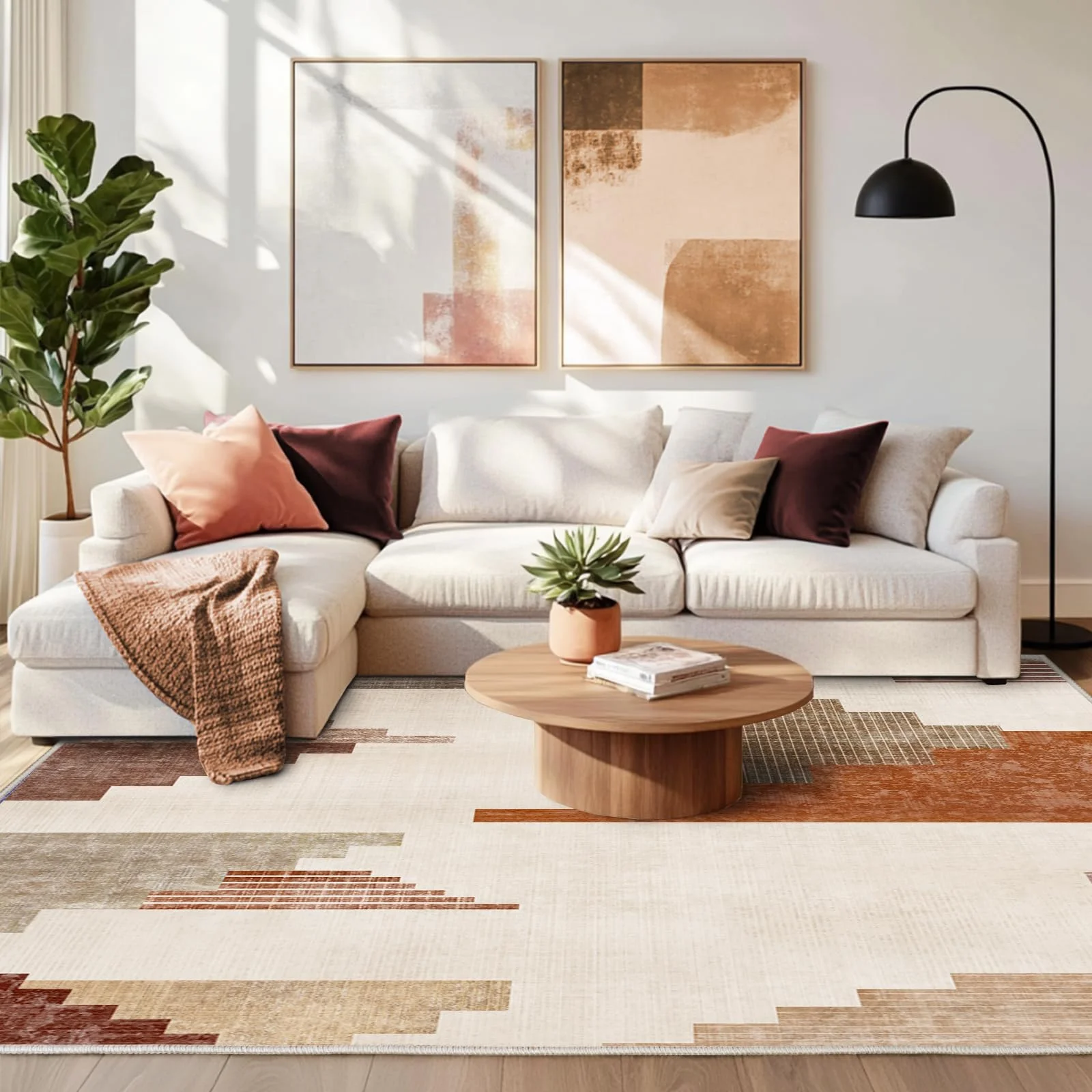 Chicnix Teppich Wohnzimmer Kurzflor, Schlafzimmerteppich Waschbar rutschfest Weich, Moderner Geometrisch Patchwork Teppich 140x200 für Schlafzimmer Kinderzimmer Büro Esszimmer, Braun Orange