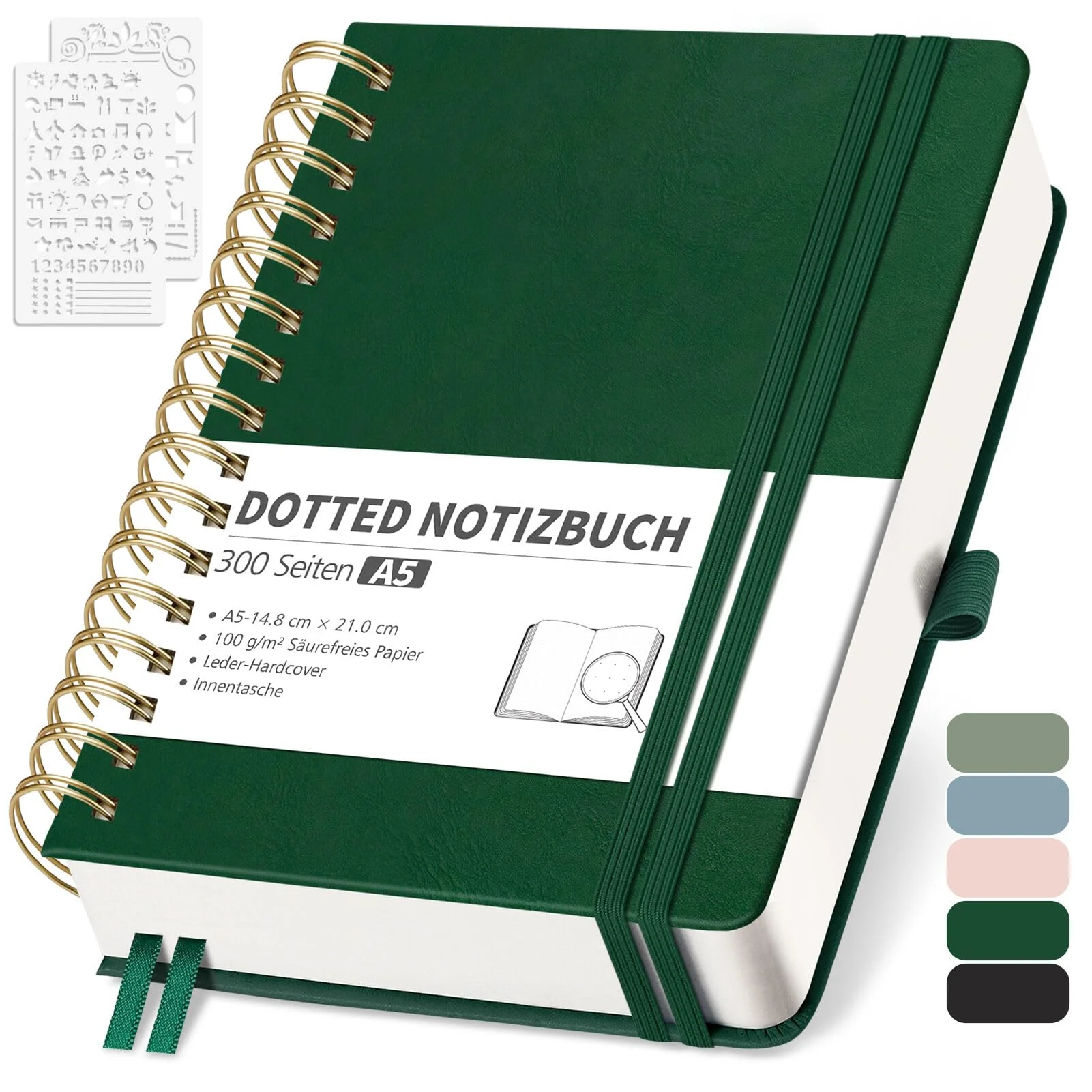 RETTACY Notizbuch A5 kariert, Bullet Journal mit 100 g/m² Dickem Papier, 150 Blatt, Collegeblock für Büro und Schule, Lederhülle, Dunkelgrün, 14.8 cm x 21 cm