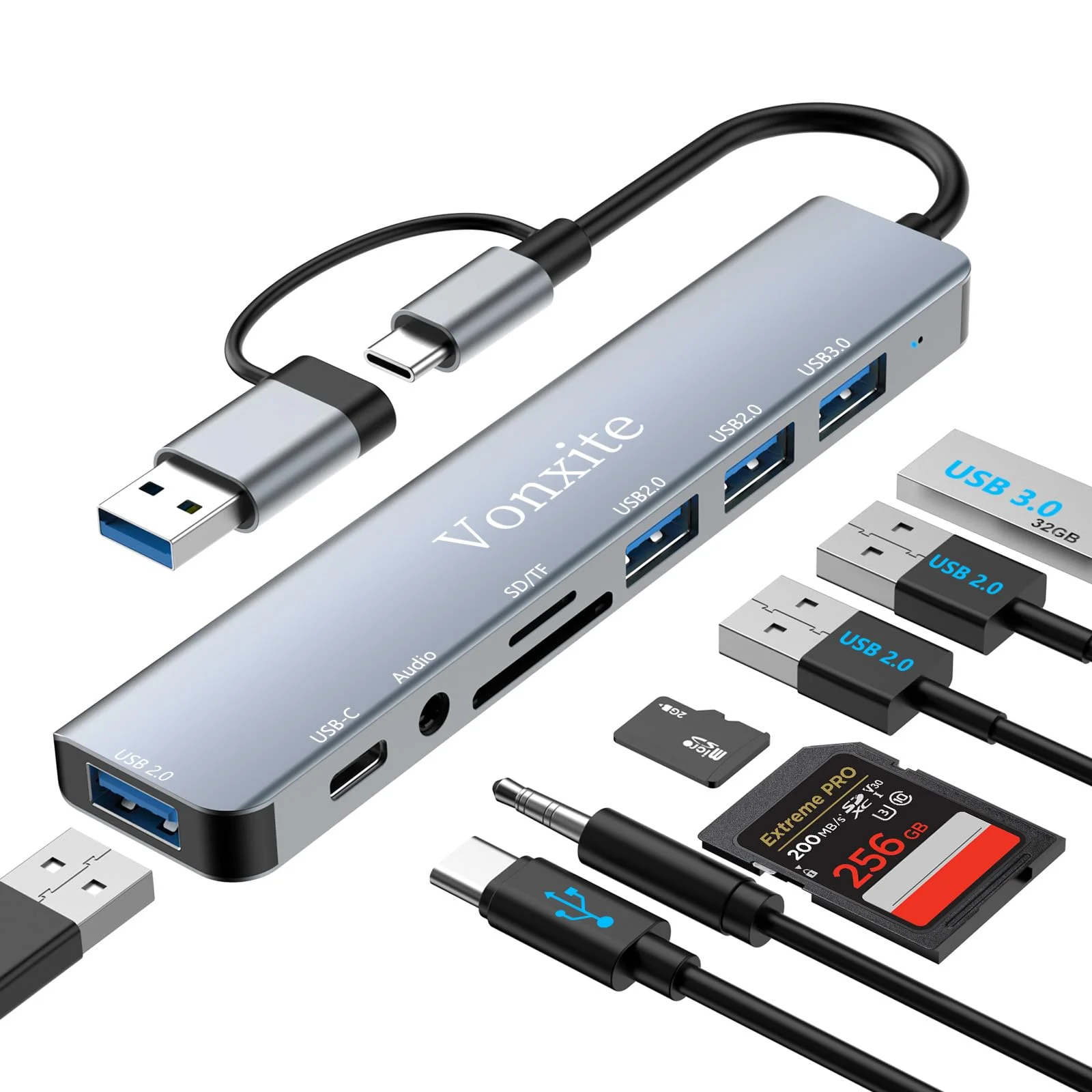USB C Hub, 8 in 1 USB Hub 3.0 Multiport Adapter mit 1*USB 3.0 mit 5 Gbit/s, 3*USB 2.0, 1*USB-C, 3.5mm Audio, SD/TF Kartenleser, USB C Splitter Aluminium für MacBook/Surface/XPS/PC/Laptops/Tablet etc.