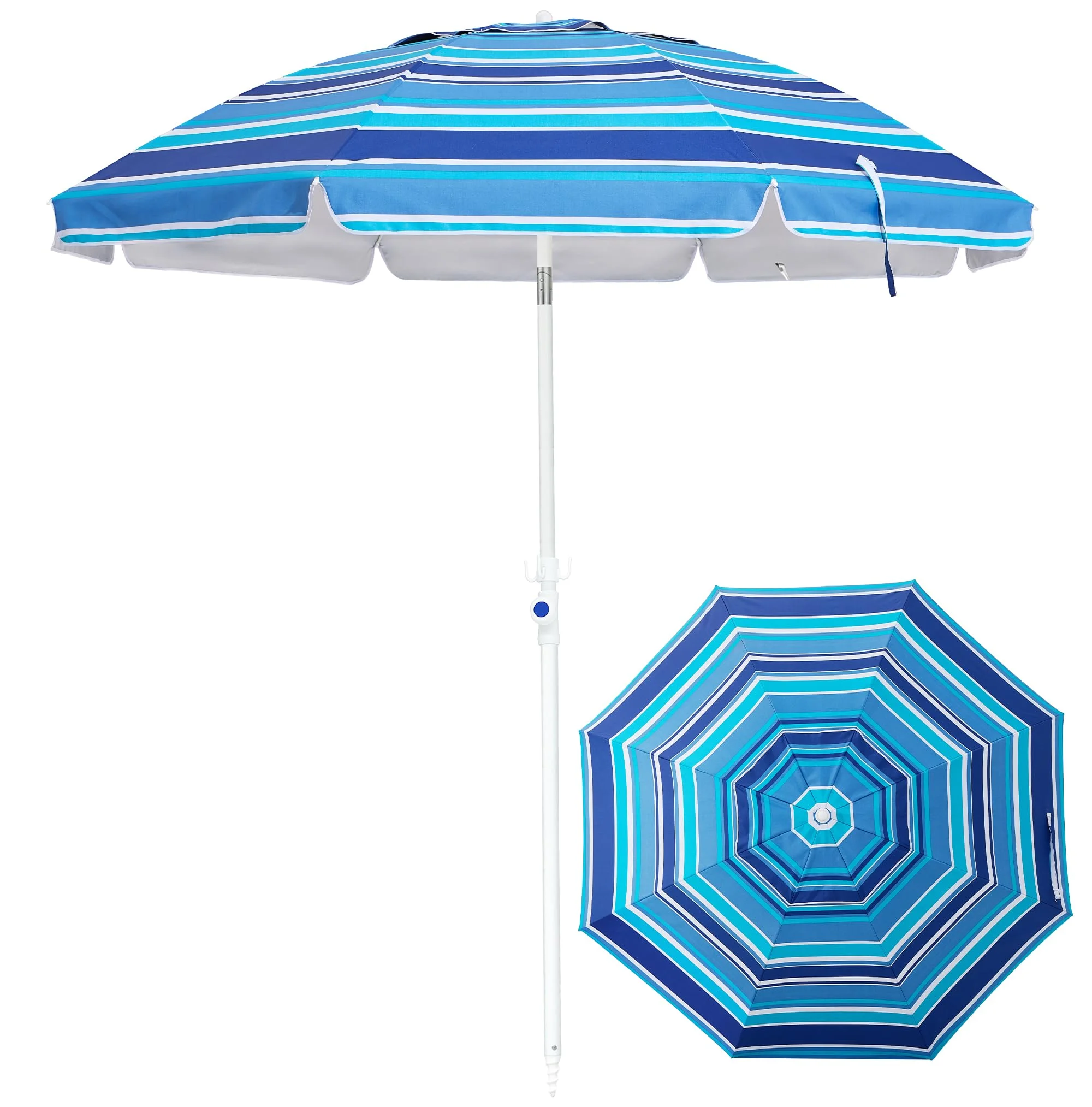 Palawano 1.8M Strandsonnenschirm mit Sandschraube, UV Schutz Sonnenschirm UPF 50+, Neigbarer Outdoor Sonnenschirm bis 30° für Strand, Garten, Terrasse & Pool, Blaue Streifen