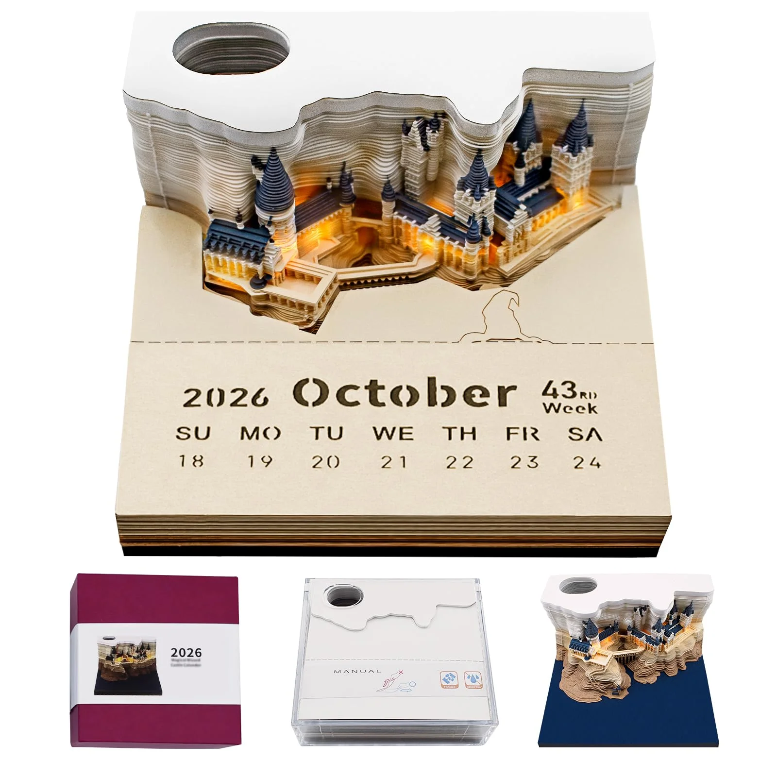3D Kalender 2026, 3D Notizblock 2026, Kalender 2026,3D Abreißkalender 2026, 3D Zauberbaumhaus, DIY-Desktop-Dekoration (Schloss)