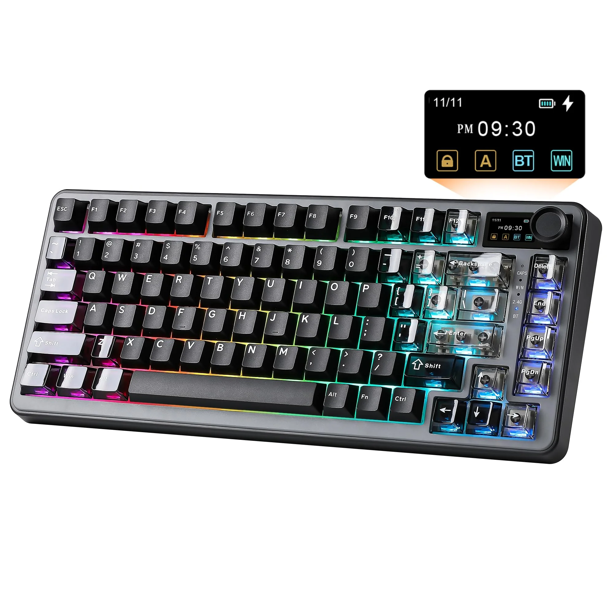 YUNZII B75 PRO MAX Gaming-Tastatur, 75% Mechanisch Tastatur mit Bildschirm und Drehregler,Hot-Swap,Vorgefettete Creamy Switches, RGB, BT/Type-C/2.4G für Win/Mac (Schwarz, Cocoa Cream V2 Switch)