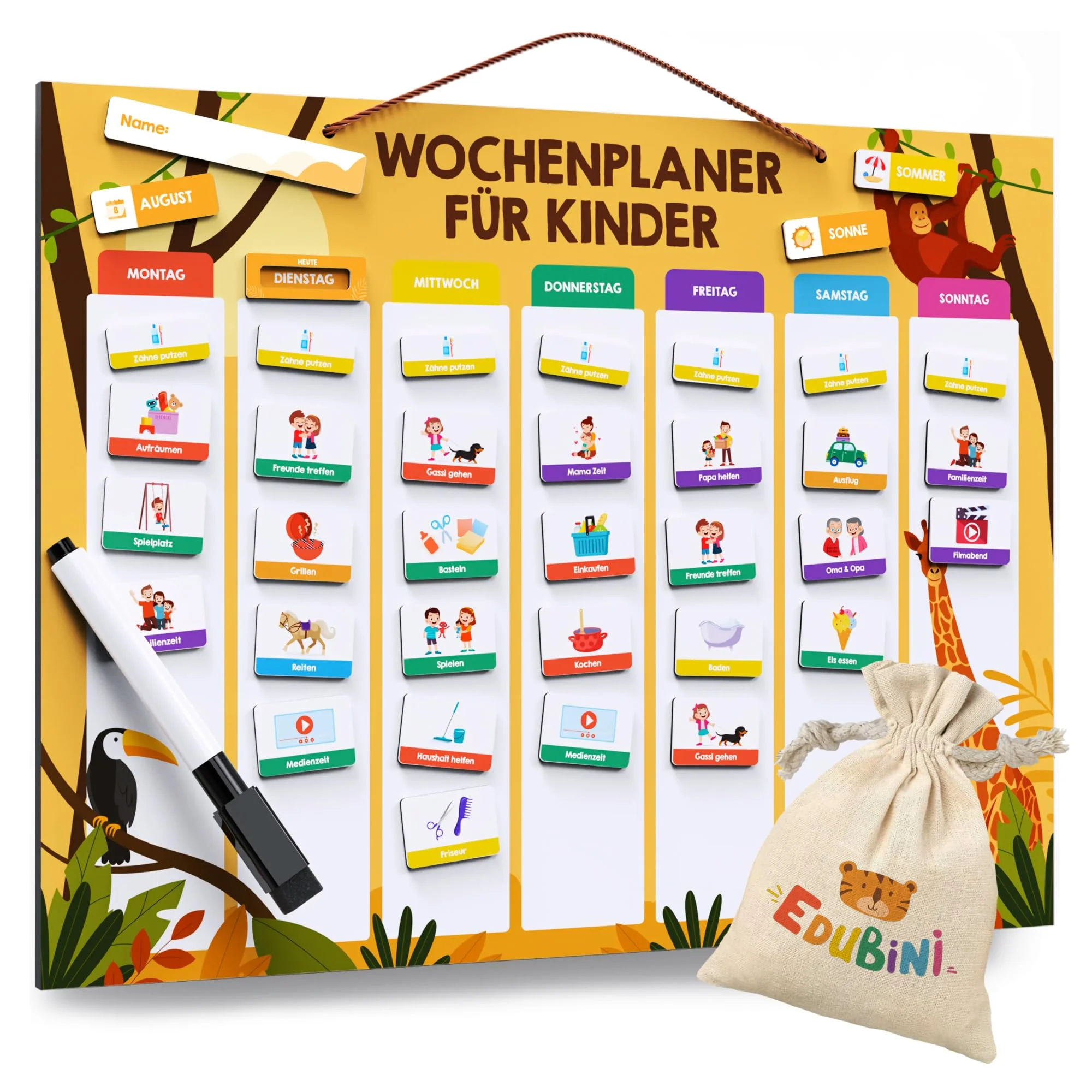Edubini Wochenplaner Kinder - [223 Magnete + 150 Sticker] - Routine Planer Kinder für Struktur im Alltag - Montessori Magnettafel, Tagesplaner, Aufgabentafel, Belohnungstafel - (inkl. Tasche, Stift)