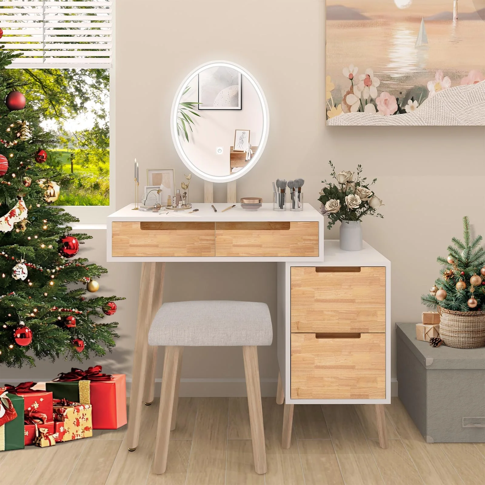 YU YUSING Schminktisch mit Beleuchtung, LED-Spiegel, Frisiertisch mit 4 Schubladen, 1 Schrank, Kosmetiktisch mit Stuhl, 3 Farben LED, Frisierkommode Make-up-Tisch für Wohnzimmer Schlafzimmer, Modern