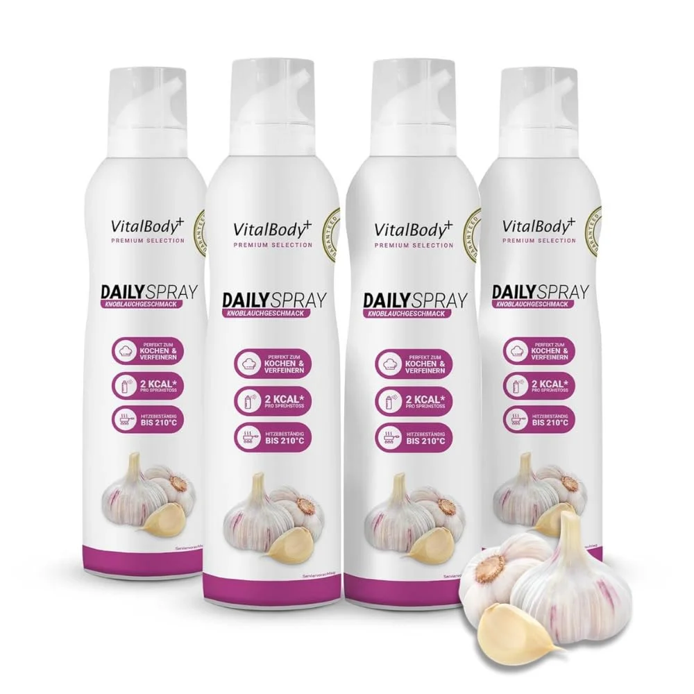 VitalBody+ DailySpray Rapsöl mit Knoblauchgeschmack – 2 kcal Ölspray für Airfryer, Braten & Grillen – Kalorienarm Kochen – Non-stick Cooking Spray, 3200 Portionen, 4er Pack