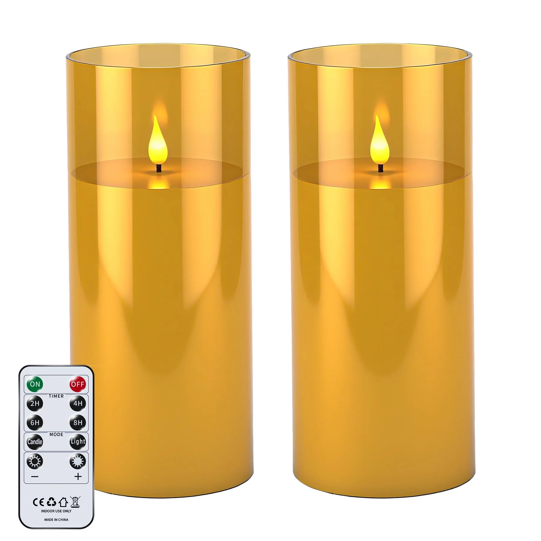 YAOBLUESEA 2 Stück Wasserdichte Flammenlose LED Kerzen mit Fernbedienung und Timer, Große Flackernde LED-Kerzen für Patio Garten Außenbreich für Halloween Weihnachten, φ10cm x 22.5cm, Gold