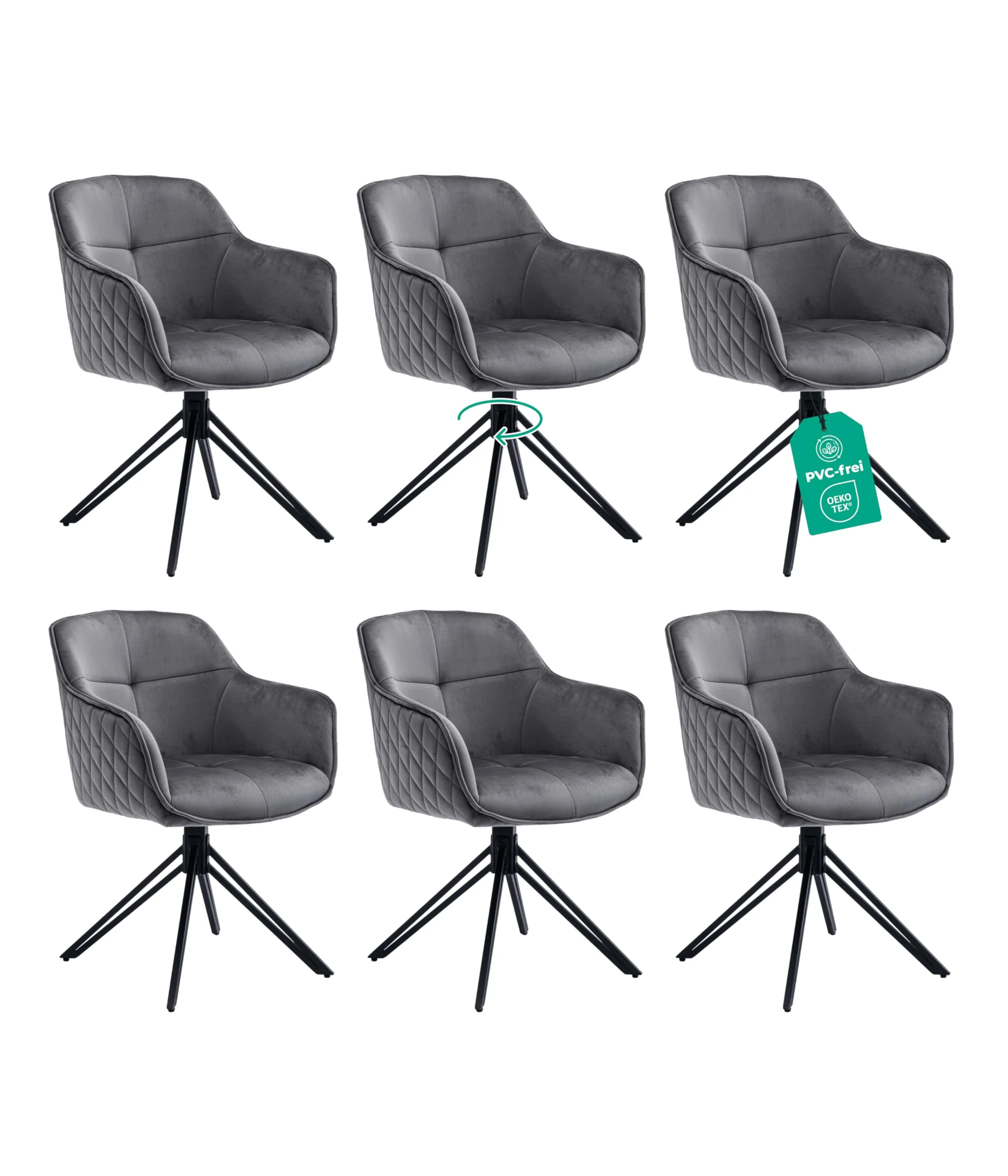 Linele® Esszimmerstühle 6er Set Grau mit FEDERKERN - Drehbar & Samtbezug - Hoher Sitzkomfort - Retrostil & einfache Montage - PVC-frei & Oeko-TEX Zertifiziert, inkl. Lieferung an den Wunschort