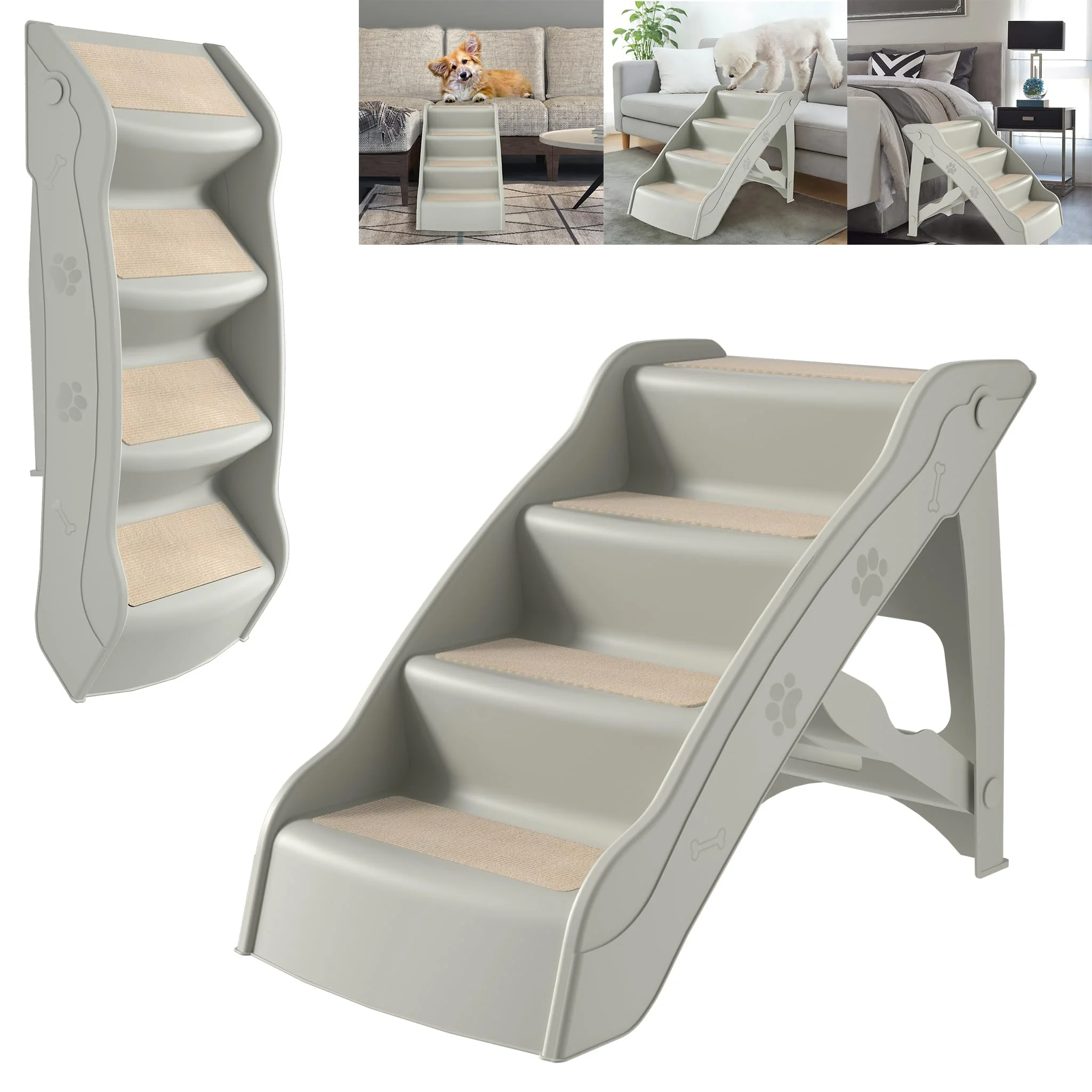 YRHome Hundetreppe Klappbar Tiertreppe Haustiertreppe 4 Stufen 50cm Hoch Katzentreppe mit Rutschfesten Matte und Stützstange Hunderampe für Hunde Katze bis zu 75 kg Grau