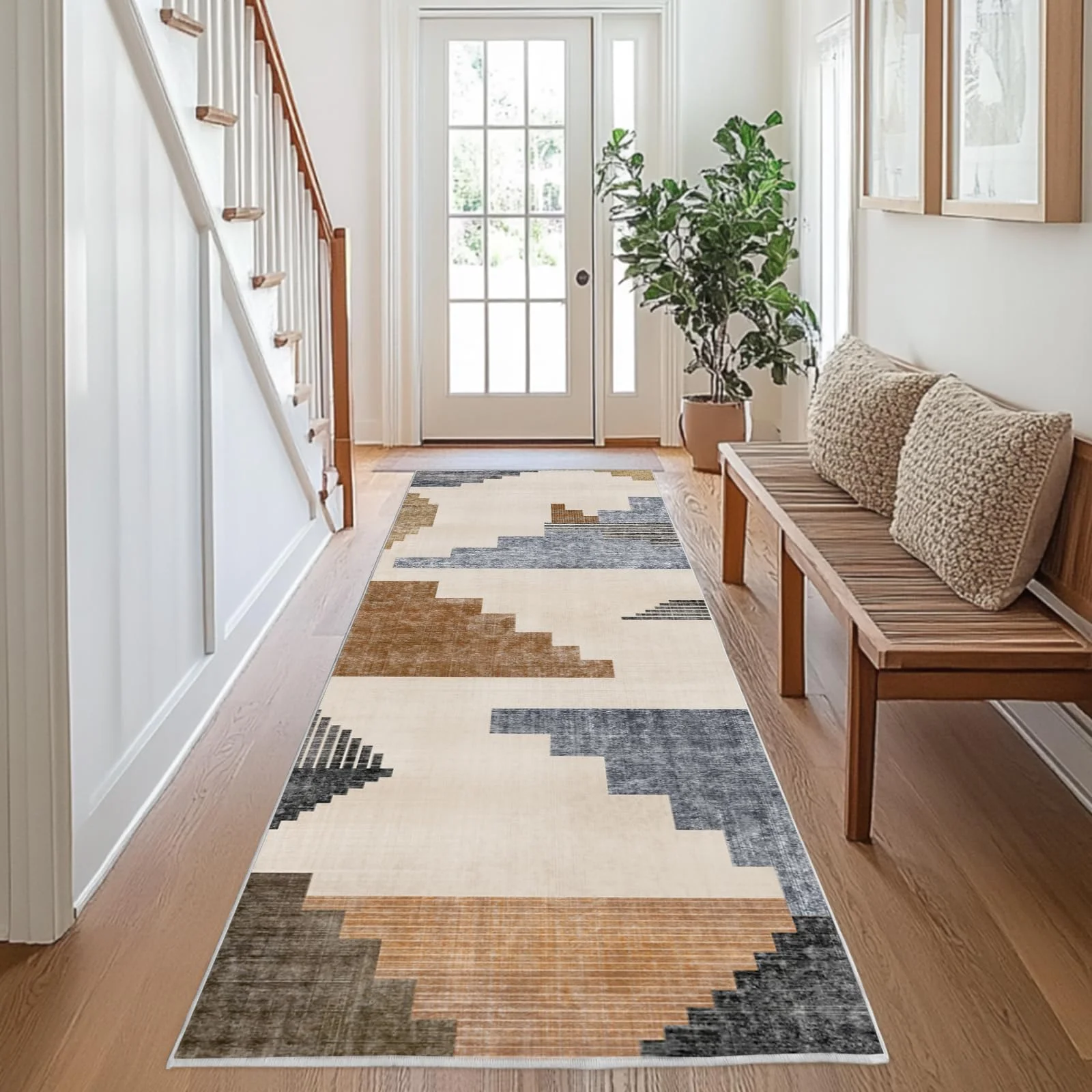 Chicnix Teppich Flur Küche 80x300, Teppich Läufer Waschbar Kurzflor rutschfest für Schmalen Gang, Moderner Geometrisch Patchwork Malerei Teppiche für Eingangsbereich Schlafzimmer, Blau Grau