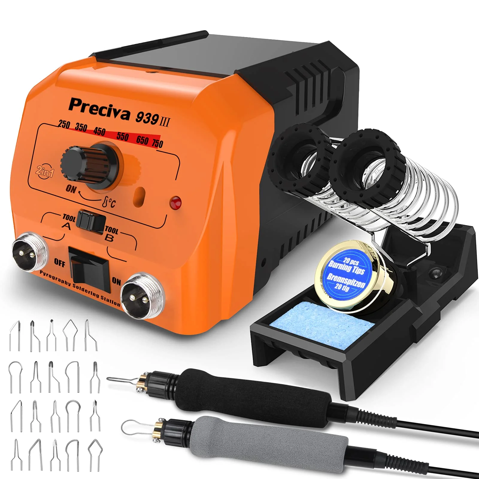 Lötstation Lötkolben Set, Preciva Brandmalstation Brennkolben Set 40W mit 20pcs Lötspitzen, 250-750°C Einstellbare Temperatur, Temperatursperrfunktion, Brandmalerei Set für Holz, Leder und Kork DIY