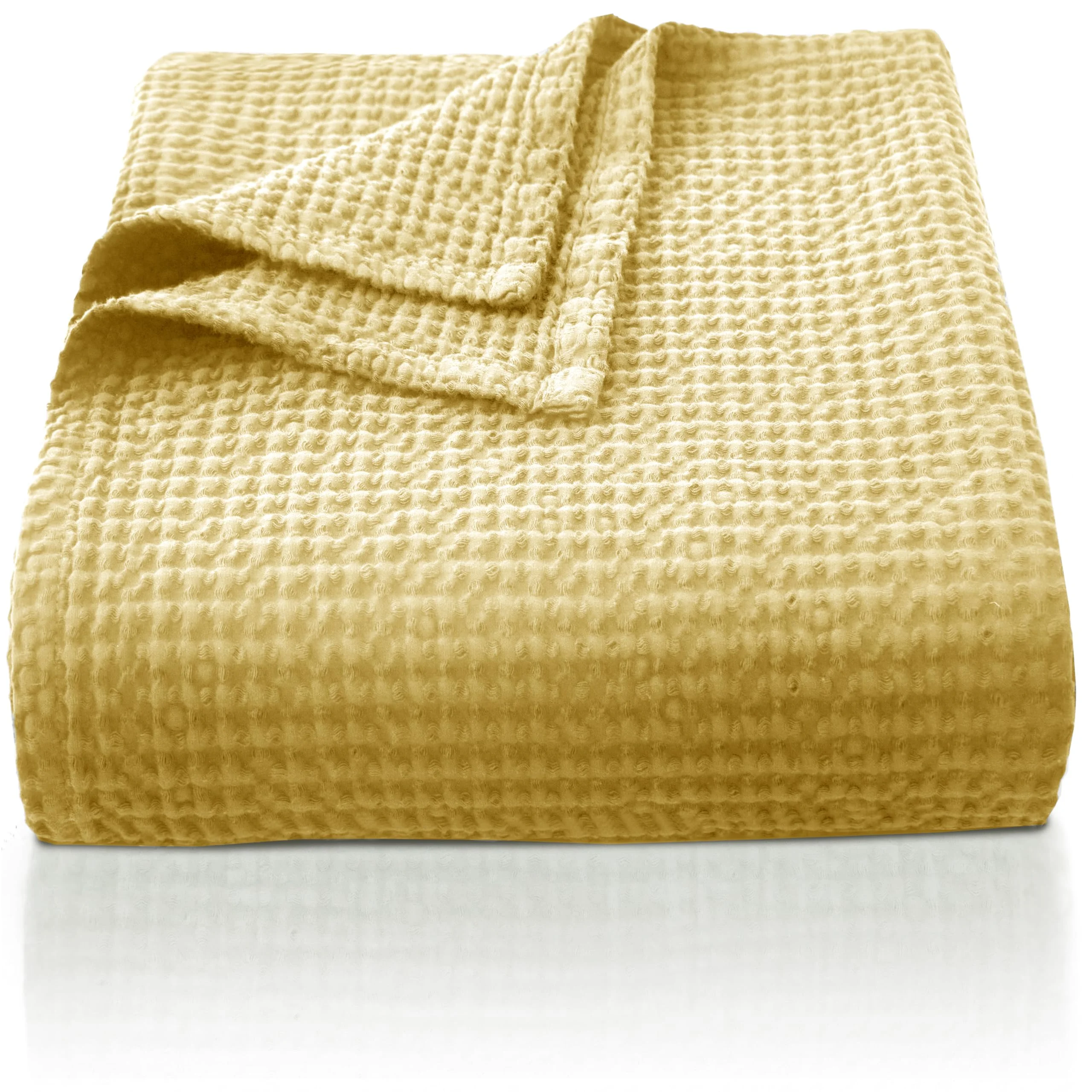 CHUFFED 100% Baumwolle Decke 150x 200 cm, Weiche und Atmungsaktive Tagesdecke, Waffelmuster Leichte Decke als Sofadecke Couchdecke, Weich Kuschelige Wohndecke Wohnzimmer, Sofa Couch Hellgelb