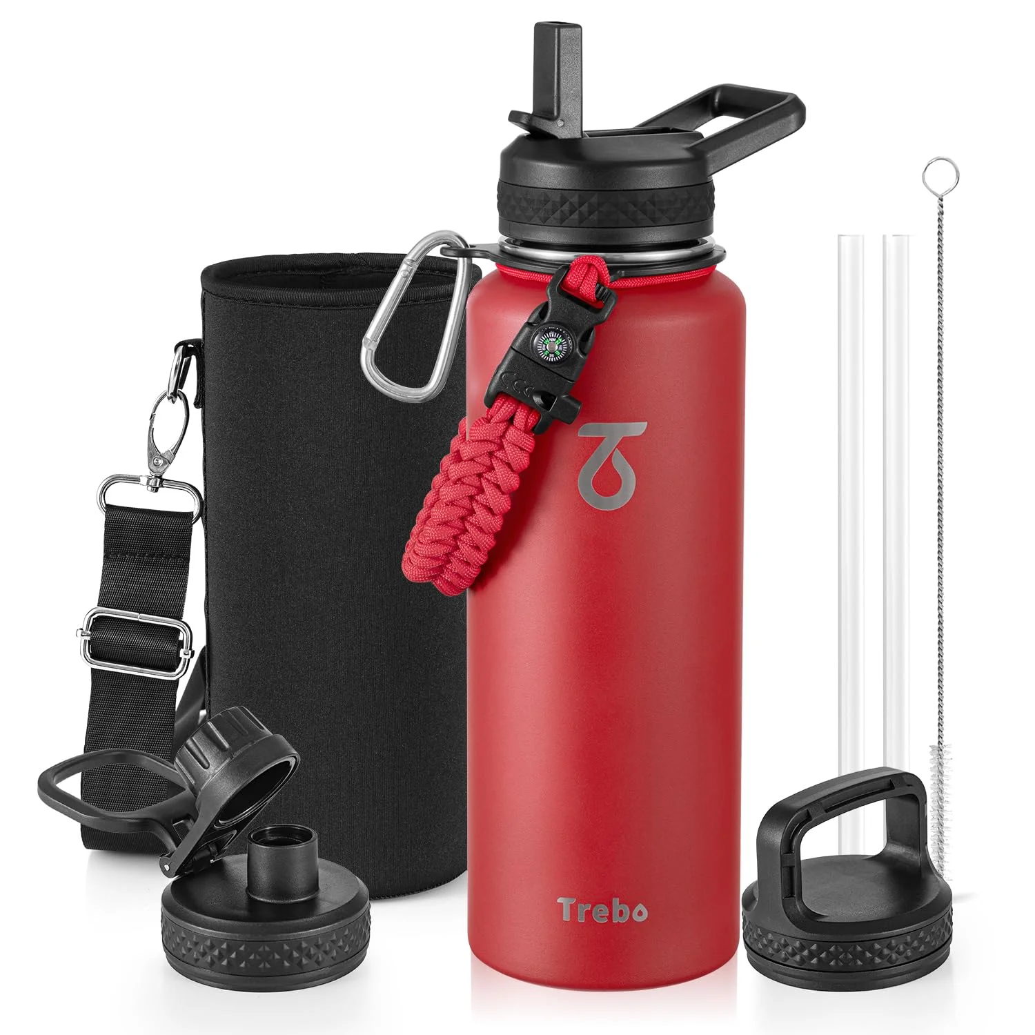 Trebo Wasserflasche 1,2 l mit Paracord-Griff, halber Gallone, große Vakuum-Doppelwand-Edelstahl-isolierte Wasserkanne mit Haltegurt, Strohhalm-Auslauf, Deckel, auslaufsicher, hält kalt & heiß, Rot