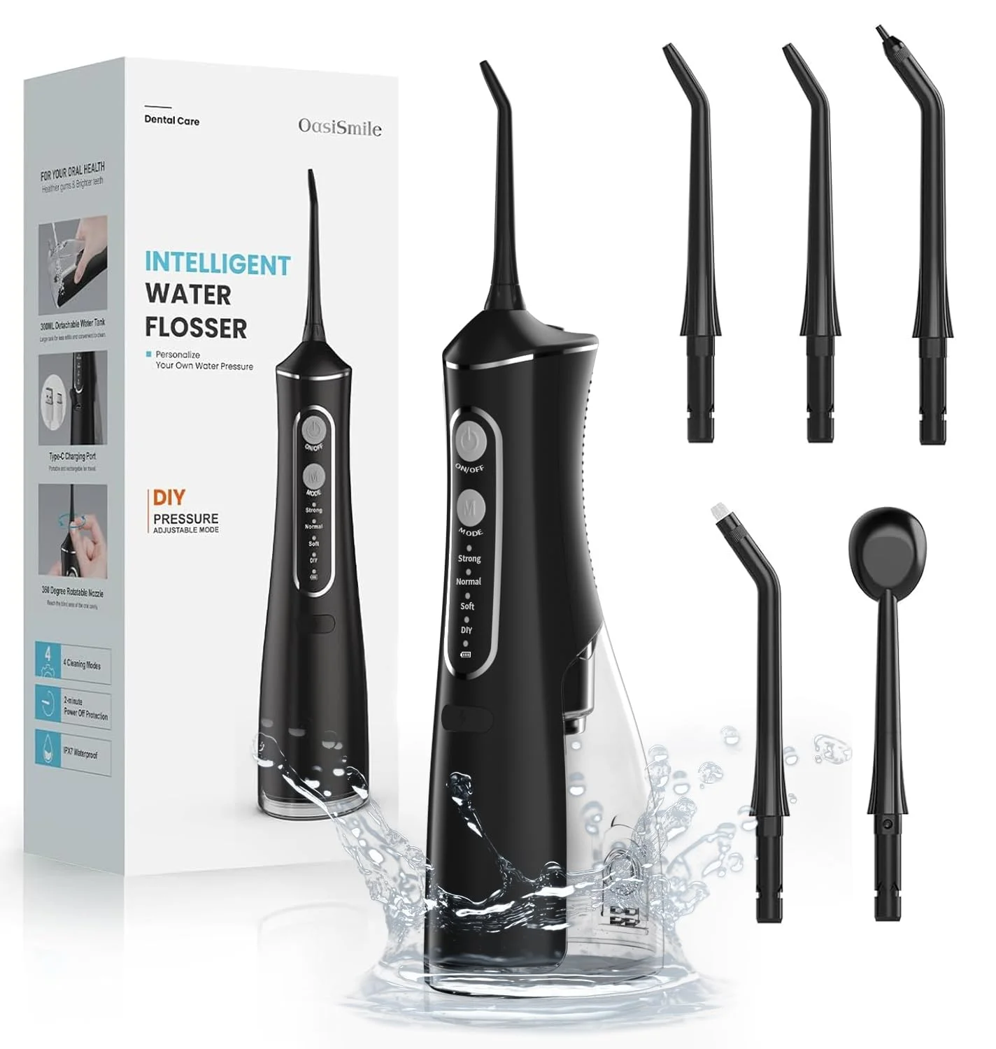 OasiSmile Kabellose Elektrische Munddusche: Munddusche Testsieger 2026, 4 Modi DIY Druck & 5 360° Jet-Tipps, 300ML Oral Irrigator zur Täglichen Tiefenreinigung, IPX7 Wasserdicht für Reise & Zuhause