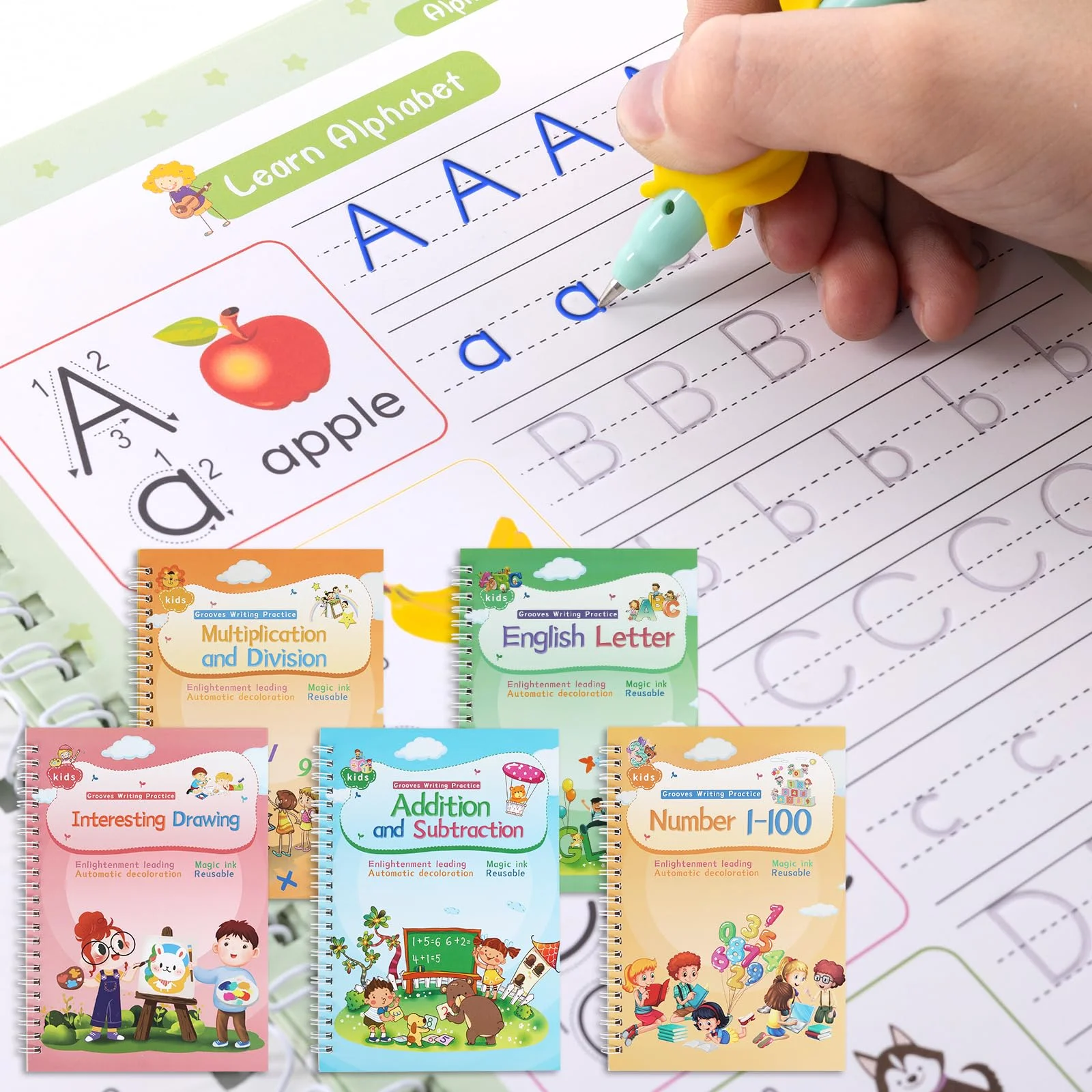 Magical Handwriting Workbooks Practice Copybook, Magic Calligraphy That Can Be Reused Handwriting Copybook Tracing Book (Enlarged-Version 4books+Pens)