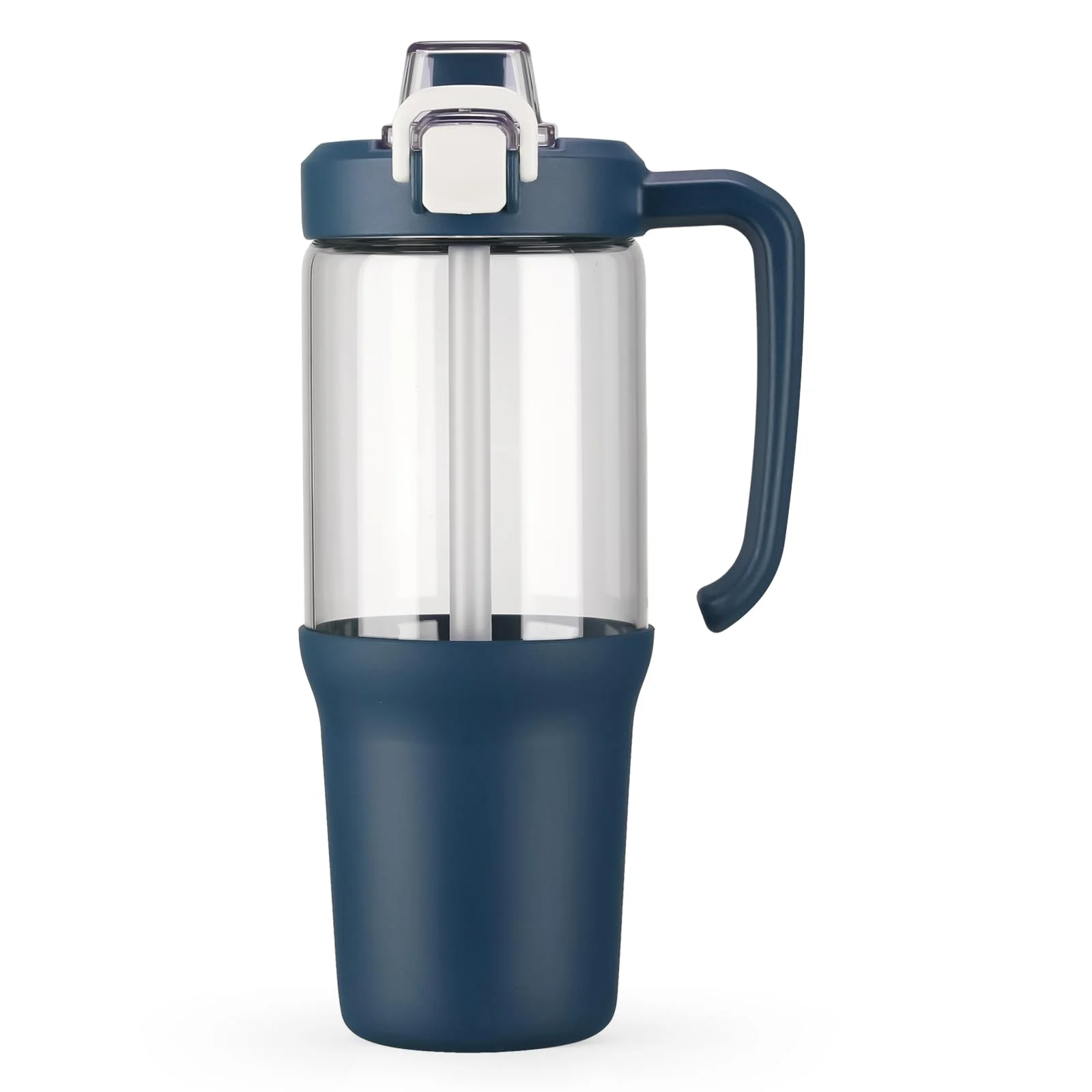 BLUEGO 1 Liter Wasserflasche mit Strohhalm und Griff, Becher aus Borosilikatglas mit Silikonhülle, Eiskaffeetasse für Smoothies, Auslaufsicher, BPA-frei, Dunkelblau