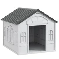 Hundehütte, Hundehaus mit Satteldach, wetterfest Kleintierhaus Hundehütte Grau