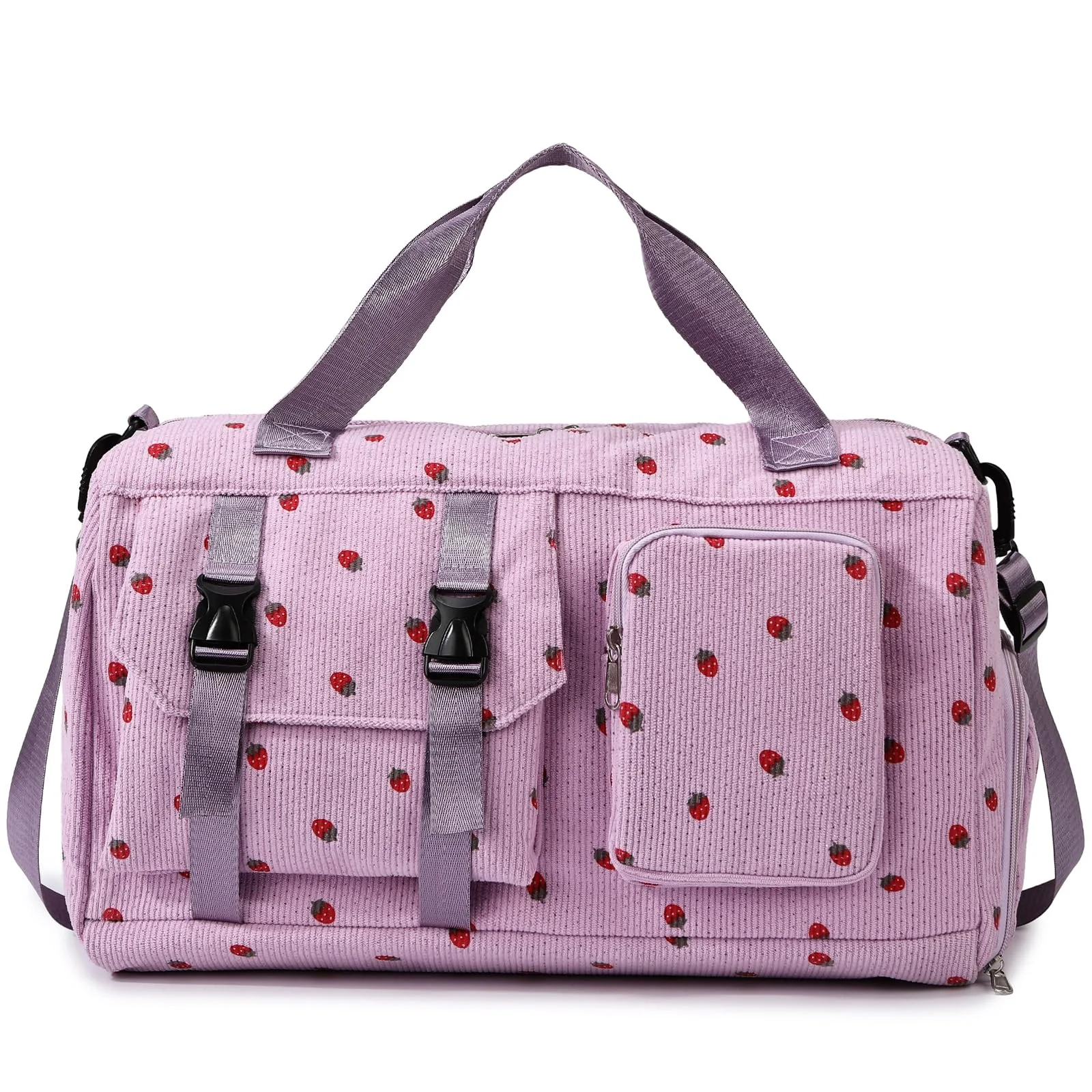 Waniki Sporttasche Kinder Mädchen Erdbeere Cord Reisetasche Damen Weekender Schwimmtasche mit Schuhfach und Nassfach Teenager Travel Bag Balletttasche für Reisen, Fitness, Sport, Gymnastik, Schule