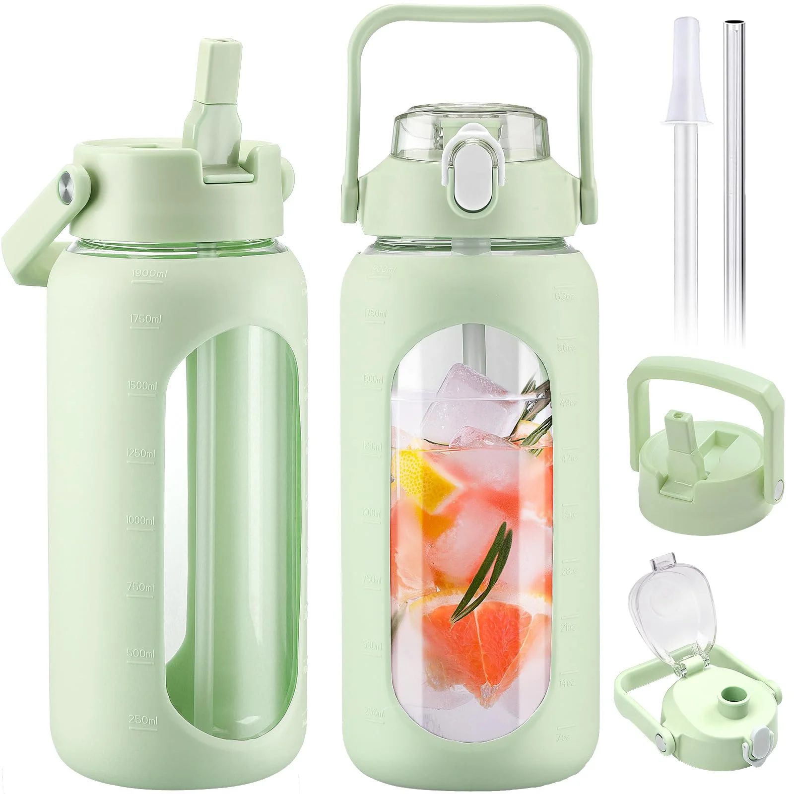 BLUEGO 2000ml Glasflasche mit 2 Deckeln Klappdeckel und Ausgießer Deckel Wasserflasche mit Strohhalm 2L große Trinkflasche mit Zeitmarkierungen für Zuhause Büro Auslaufsicher, Grün