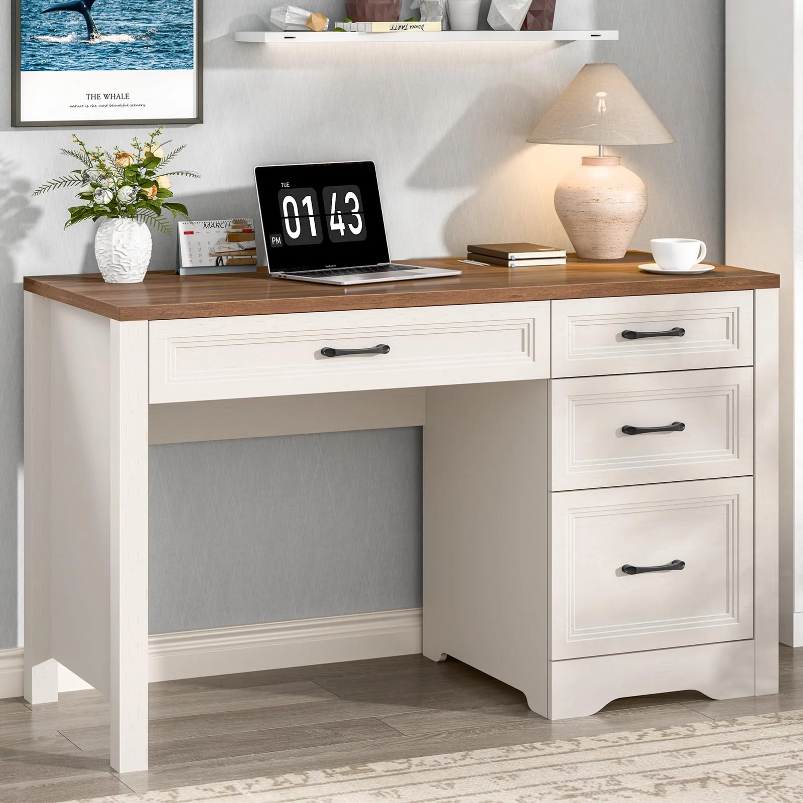 BonVache Schreibtisch mit Schubladen 120 cm, Bauernhaus Computertisch mit Stauraum, Rustikaler Bürotisch aus Holz für Homeoffice, Schlafzimmer und Arbeitszimmer, Weiß