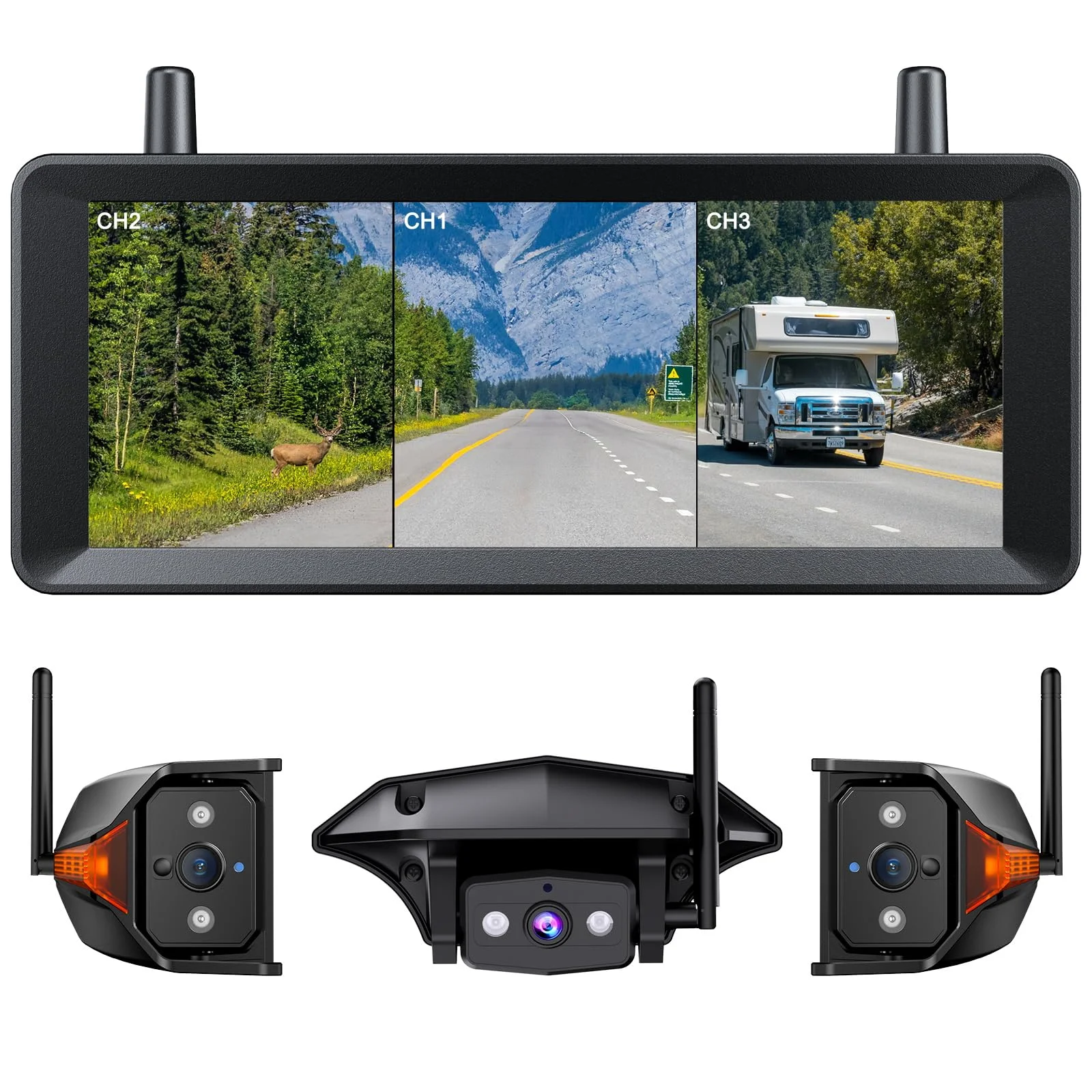 AUTO-VOX Rückfahrkamera Kabellos System für Wohnmobile：7,2" HD Bietet Ansichten Nach Hinten Seite Dreifach Geteilter Bildschirm, Infrarot-Nachtsicht, DVR-Aufnahme, Rückfahrkameras für Wohnwagen