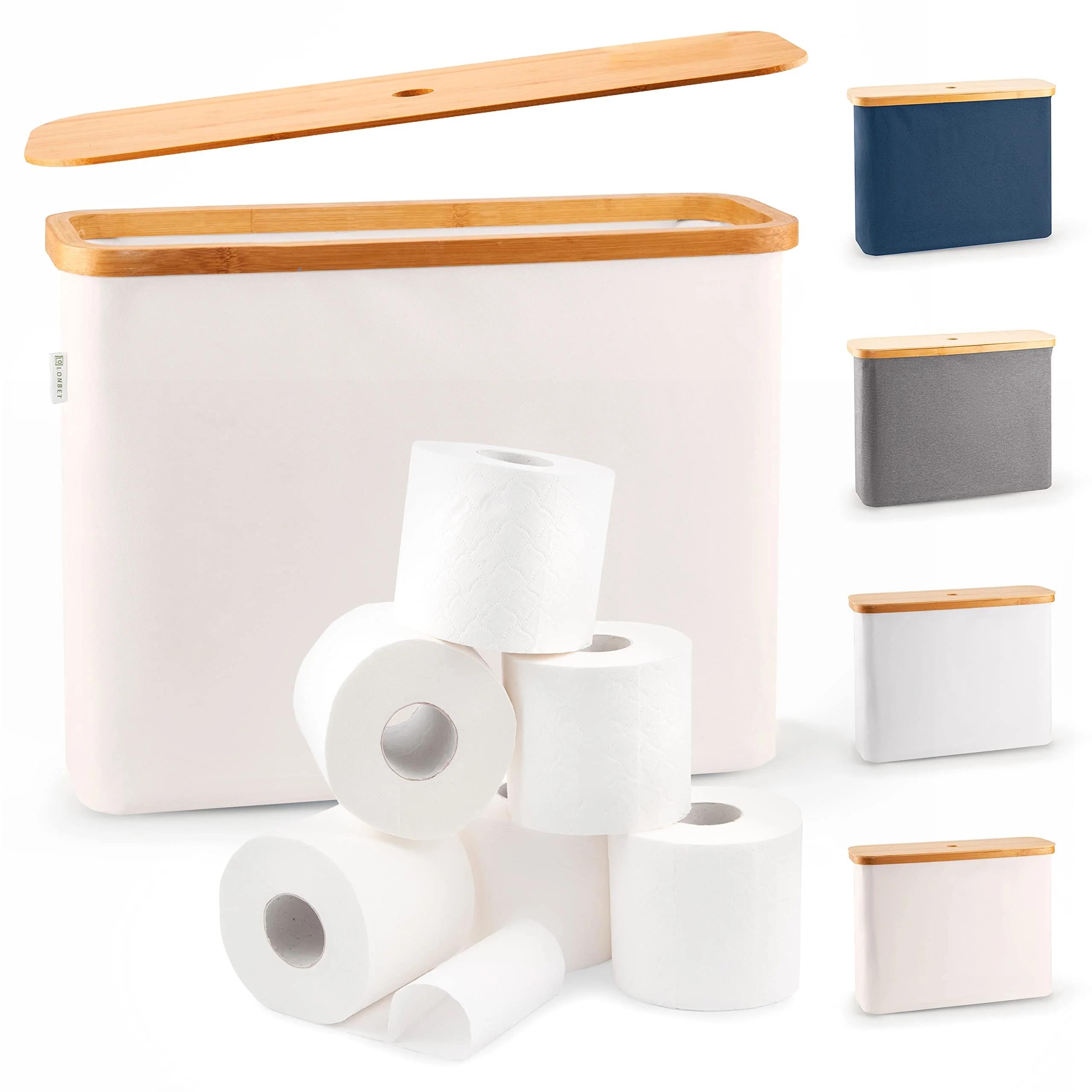 LONBET Toilettenpapier Aufbewahrung Box mit Deckel aus Bambus, 12 Rollen, Stapelbar, Wasserdicht, Antibakteriell & Atmungsaktiv, Aufbewahrung Badezimmer, Beige 45x15x34.5cm