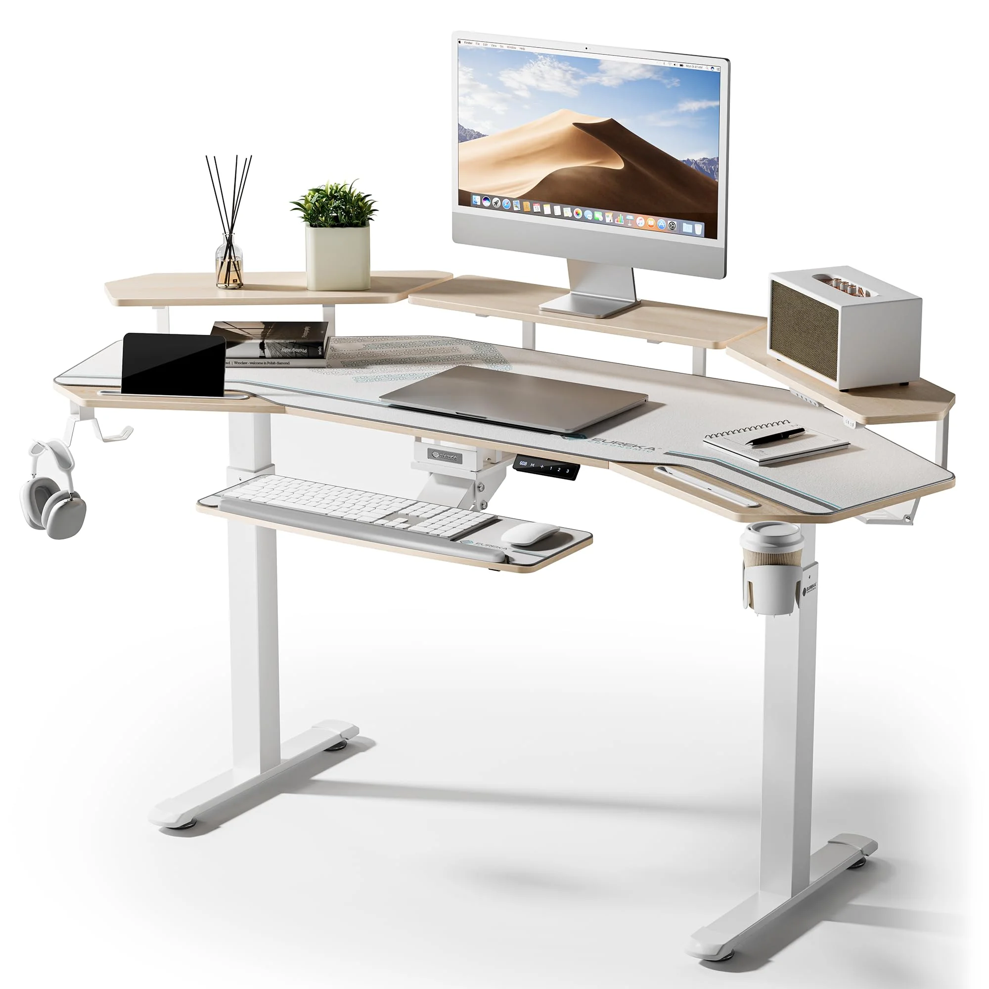 EUREKA ERGONOMIC Höhenverstellbarer Schreibtisch 182×76cm Flügelförmiger Gaming Tisch Höhenverstellbar Elektrisch Doppelmotor Groß Gaming Schreibtisch mit Led, Monitorständer und Tastaturablage