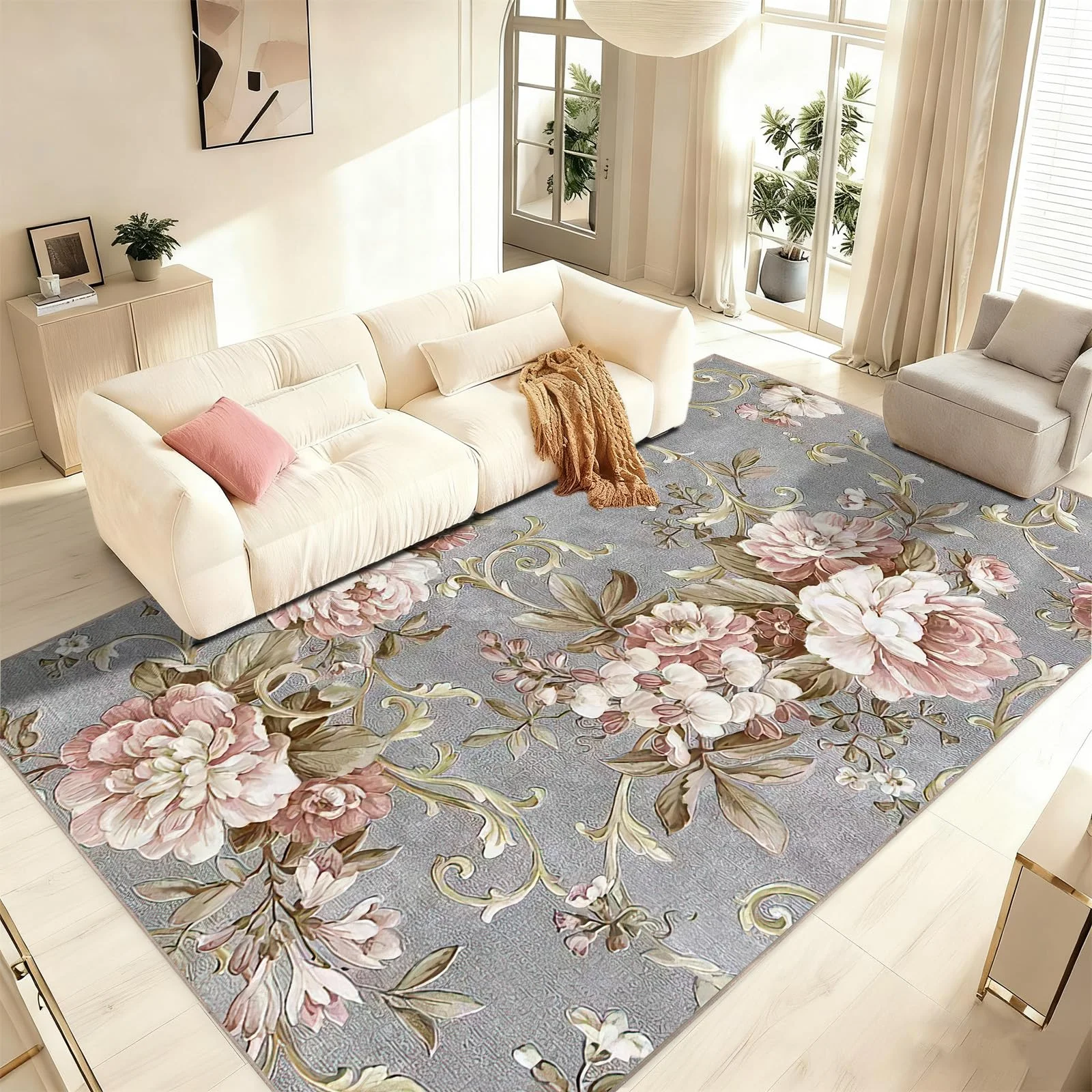 WQMMD Wohnzimmer Teppich Vintage Rosa Grau 180 x 250 cm Waschbarer Kurzflor rutschfest Boho Blumen Großer Weich Teppich Blätter Muster Design für Küche, Schlafzimmer, Esszimmer,Bauernhaus