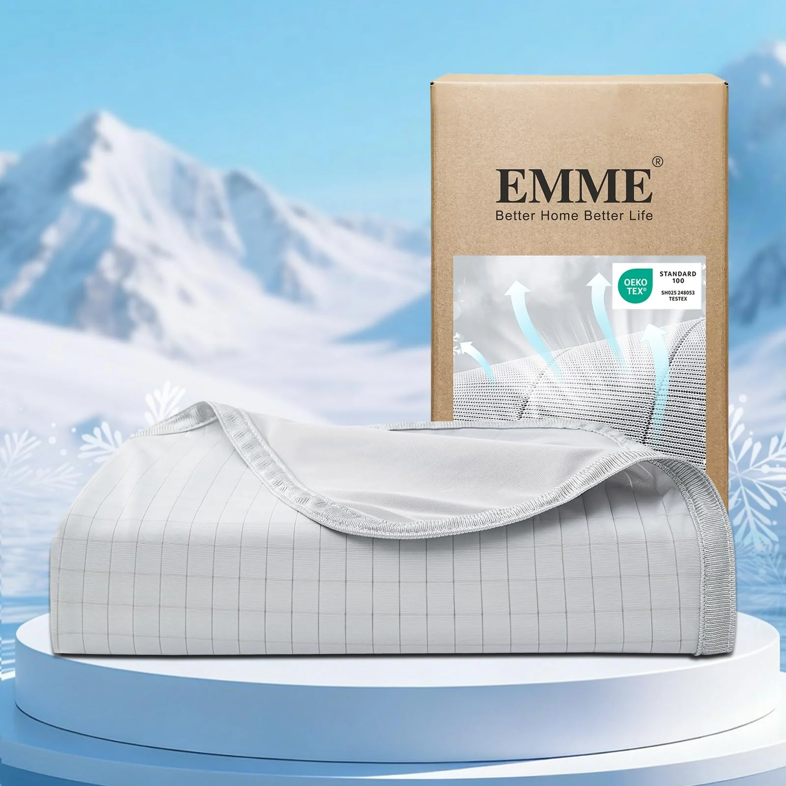 EMME Kühlende Decke 5X Belüftung Arc-Chill 3.0 Grid-Airy Sommerdecke Bett Q-Max>0.45, 152x203 cm Sofortige & Dauerhafte Kühlung, Sommerdecke Tagesdecken Bett gegen Nachtschweiß Lösung, Karo-Hellgrau