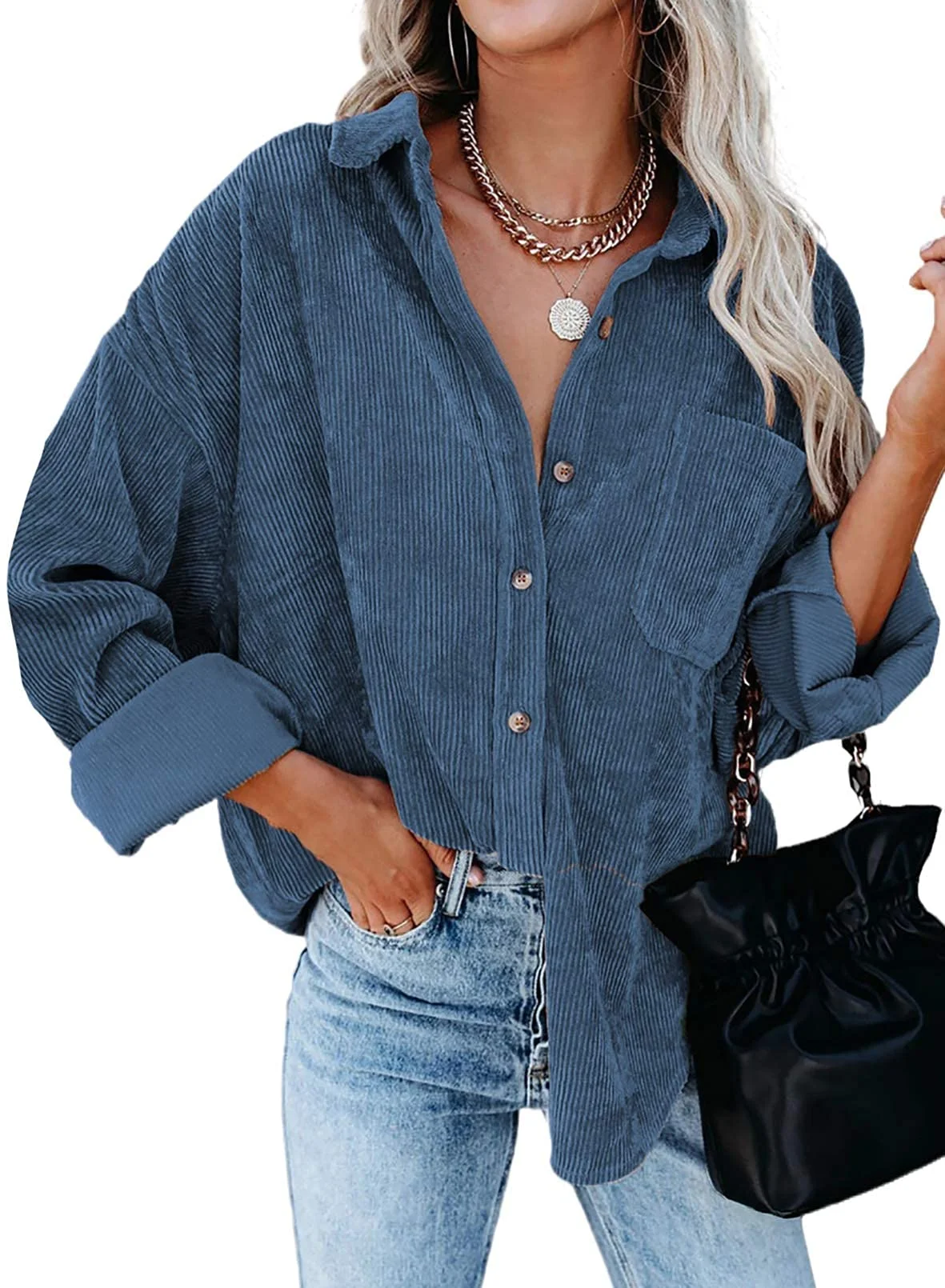 Necooer Damen Cordhemden Boyfriend Langarm Button Down Blusen Tops