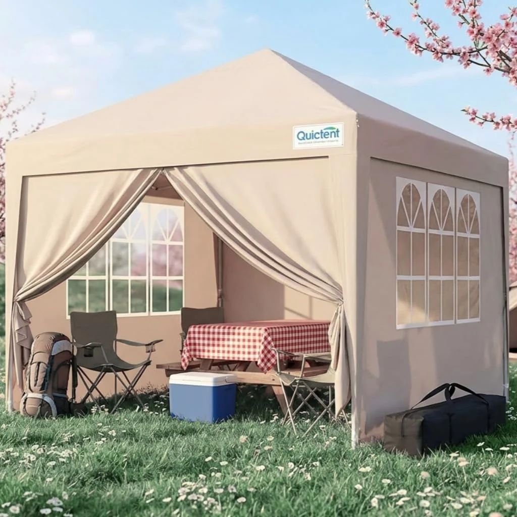 Quictent Pavillon 3x3m Faltpavillon mit 4 Seitenteilen, Wasserdicht Gartenpavillon mit 4 Sandsäcken & Rolltasche,Partyzelt Gartenzelt für Fest und Flohmarkt, Beige