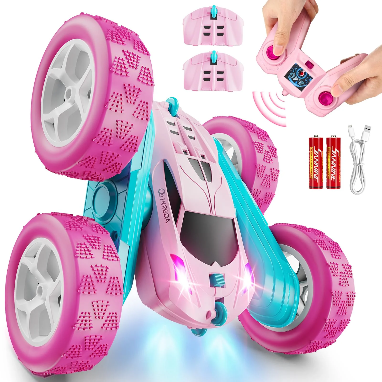 QUNREDA Ferngesteuertes Stunt Auto Pink 4WD 2.4GHz Mädchen RC Car Doppelseitig 360° Flip Rotation LED Licht Modularer Akku Robustes Outdoor Spielzeug 6‑12 Jahre Geburtstags Weihnachts Geschenk