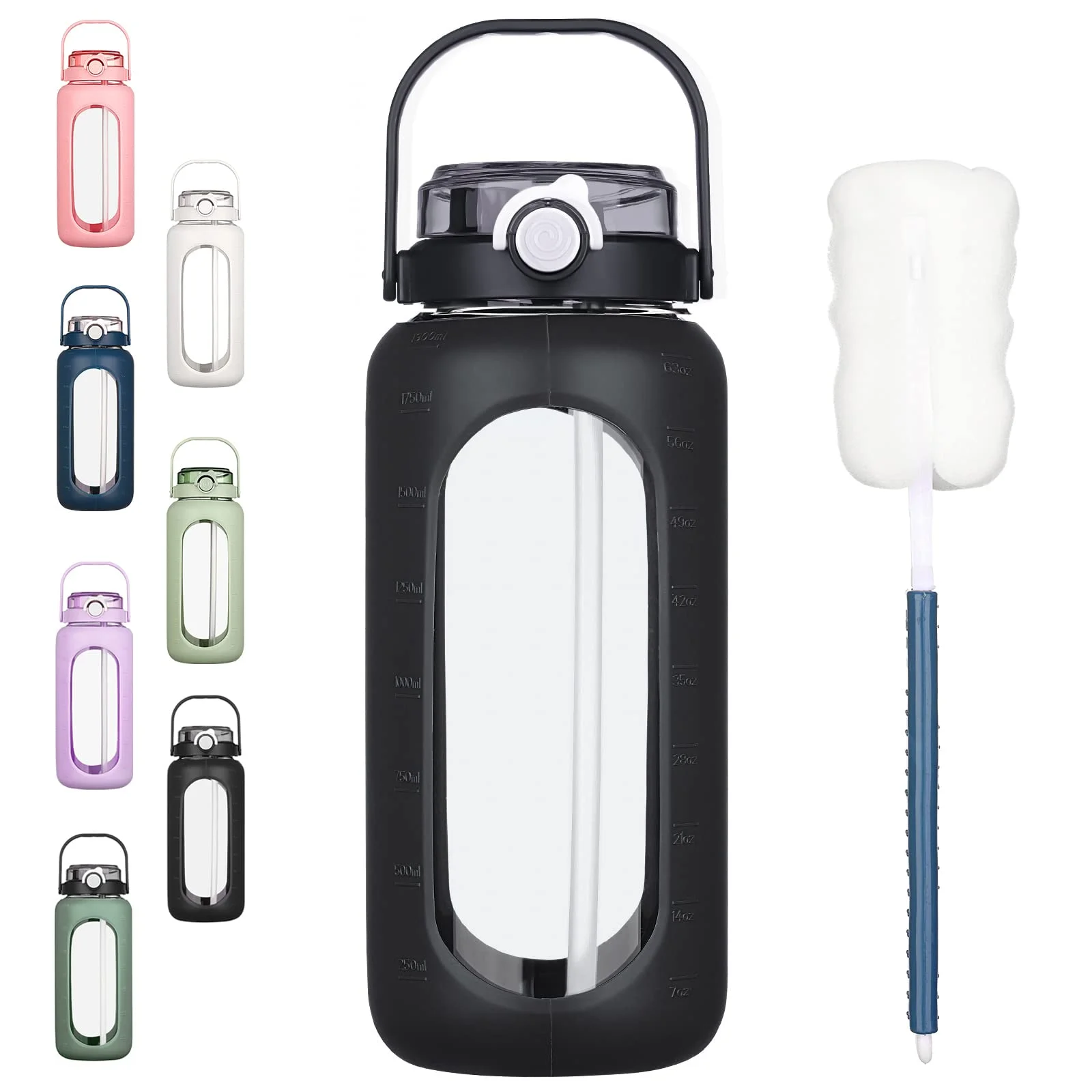 BLUEGO 2000ml Trinkflasche Glas mit Strohhalm und Zeitmarkierung Halbe Gallone Große motivierende Wasserflasche mit Silikonhülle 2 Liter großer Glaswasserkrug für Sport Training, Schwarz