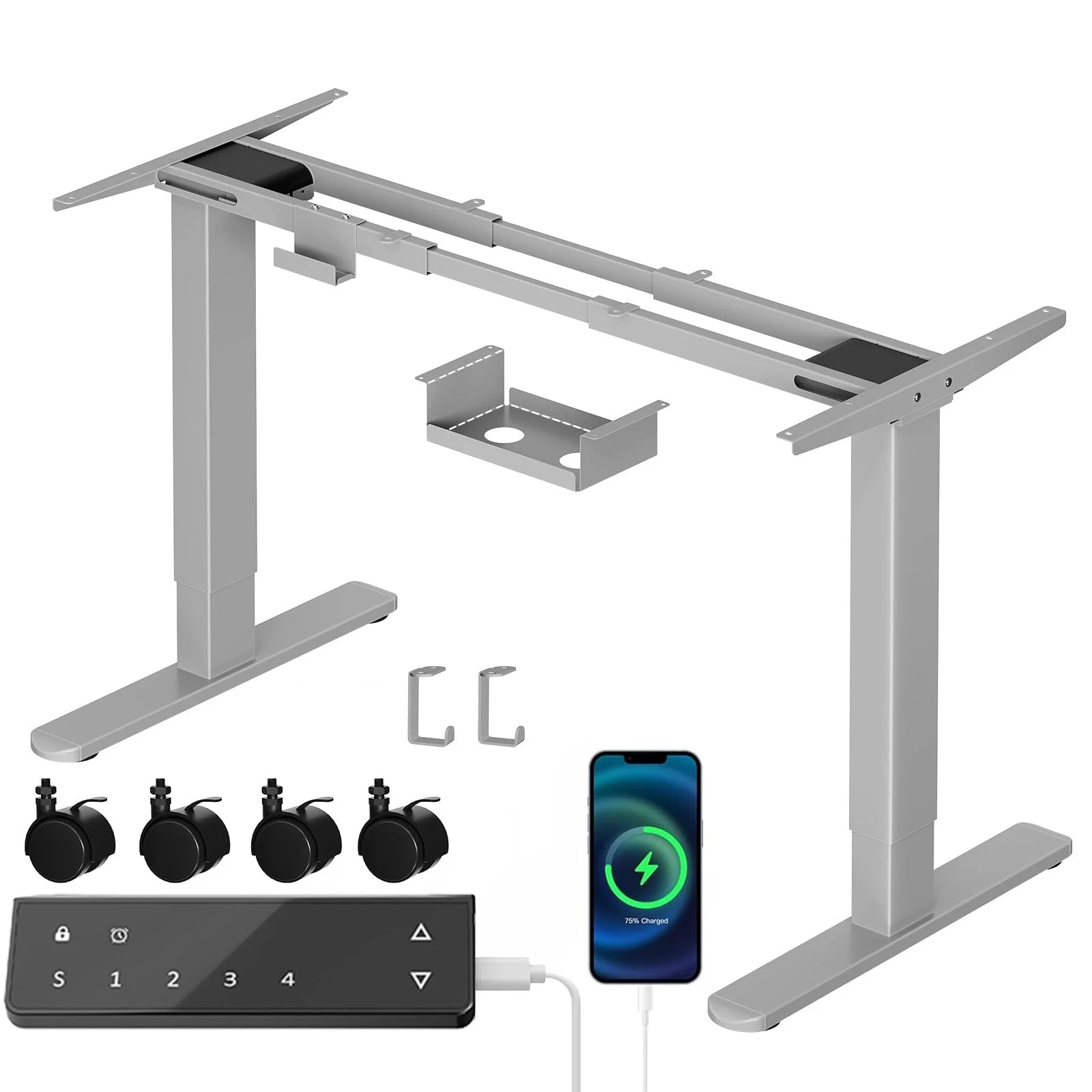 TRIUMPHKEY Höhenverstellbarer Schreibtisch Gestell mit Doppelmotor,Tragfähigkeit 130 KG,Elektrisch Tischbeine mit Type-C,4 Speicherfunktionen,Verstellbereich 72-120cm, Haken & Kabelmanagement