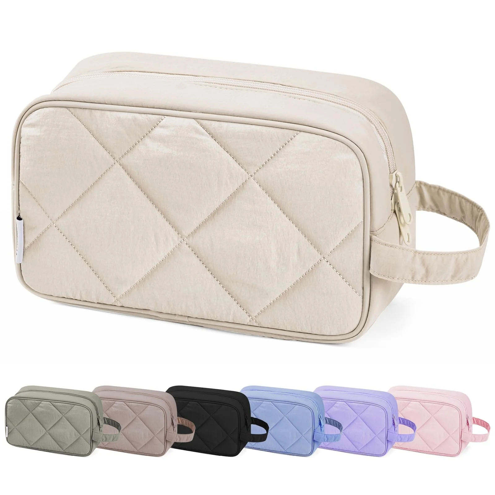 Narwey Große Kosmetiktasche für Damen & Herren - Wasserdichter Kulturbeutel mit Reißverschluss, Schminktasche Reise Essential, Toilettenorganizer für Make-up, Reisezubehör (Gesteppte Beige)