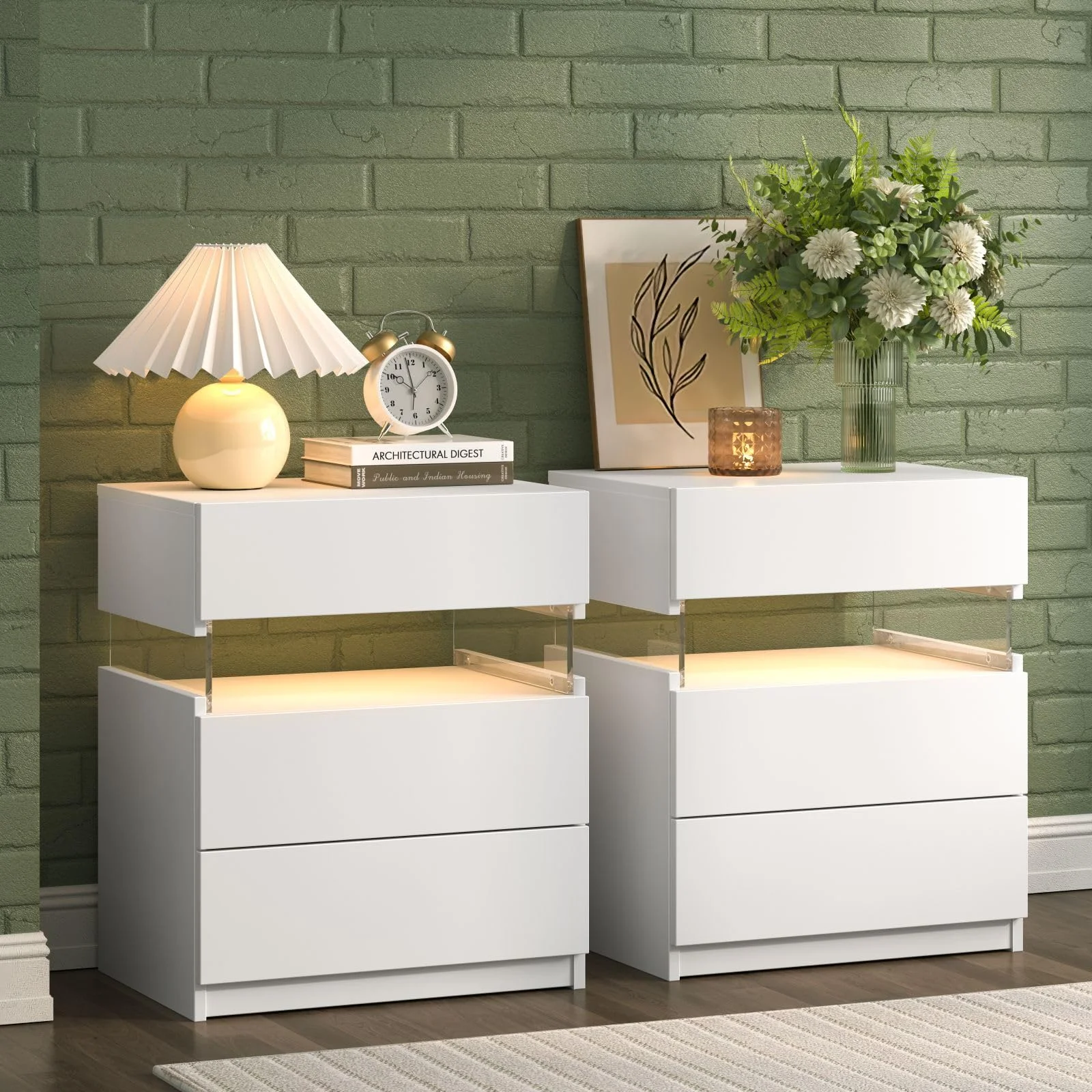 Cubehom Nachttisch 2er Set Weiß Nachtschrank mit 3 Schubladen Beistellschrank Nachttisch mit LED-Beleuchtung für Schlafzimmer, Weiß