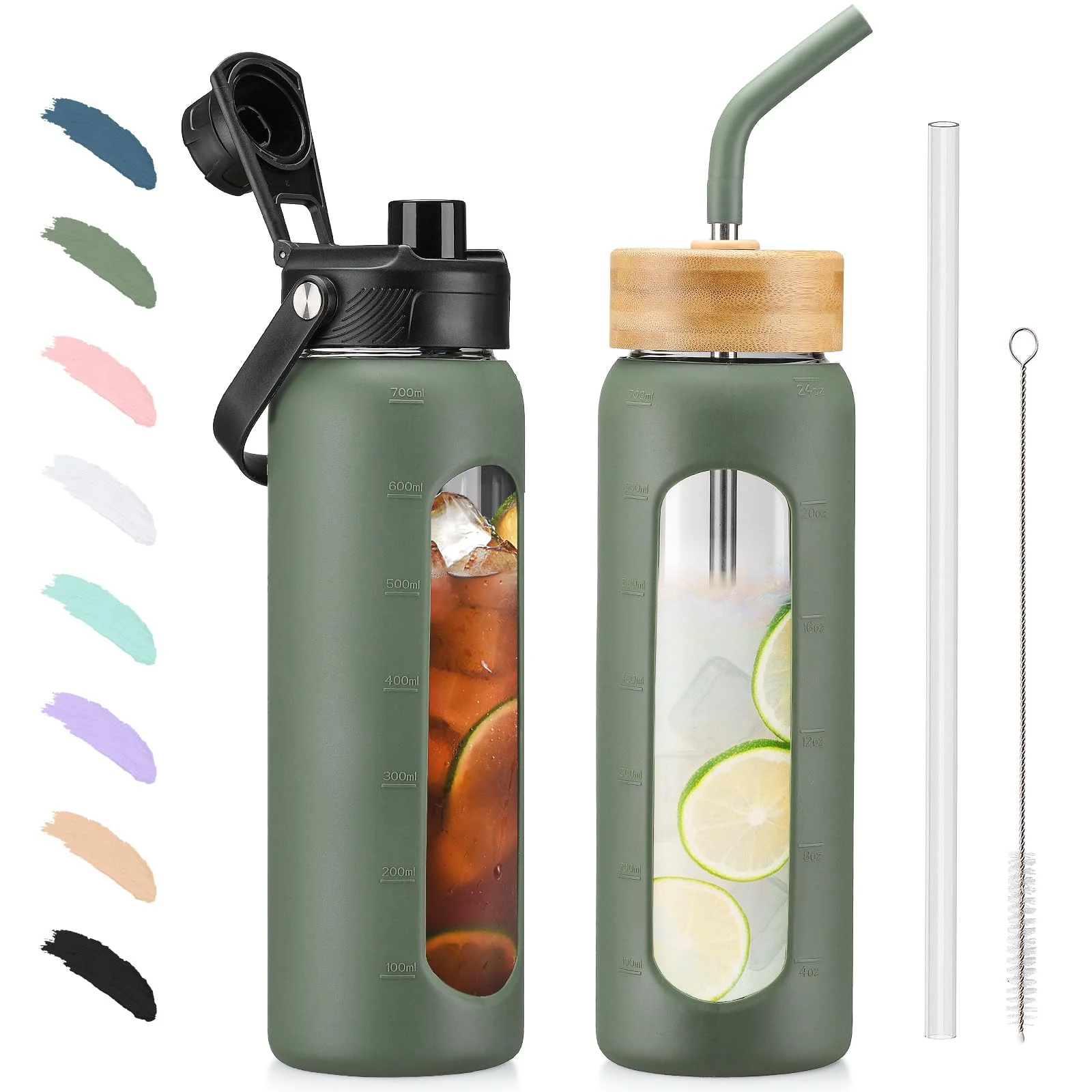 BLUEGO Trinkflasche Glas 700ml Sport Wasserflasche mit 2 Deckeln und Strohhalm Auslaufsichere Glasflasche mit Zeitmarkierung und Messskala BPA frei, Oliver