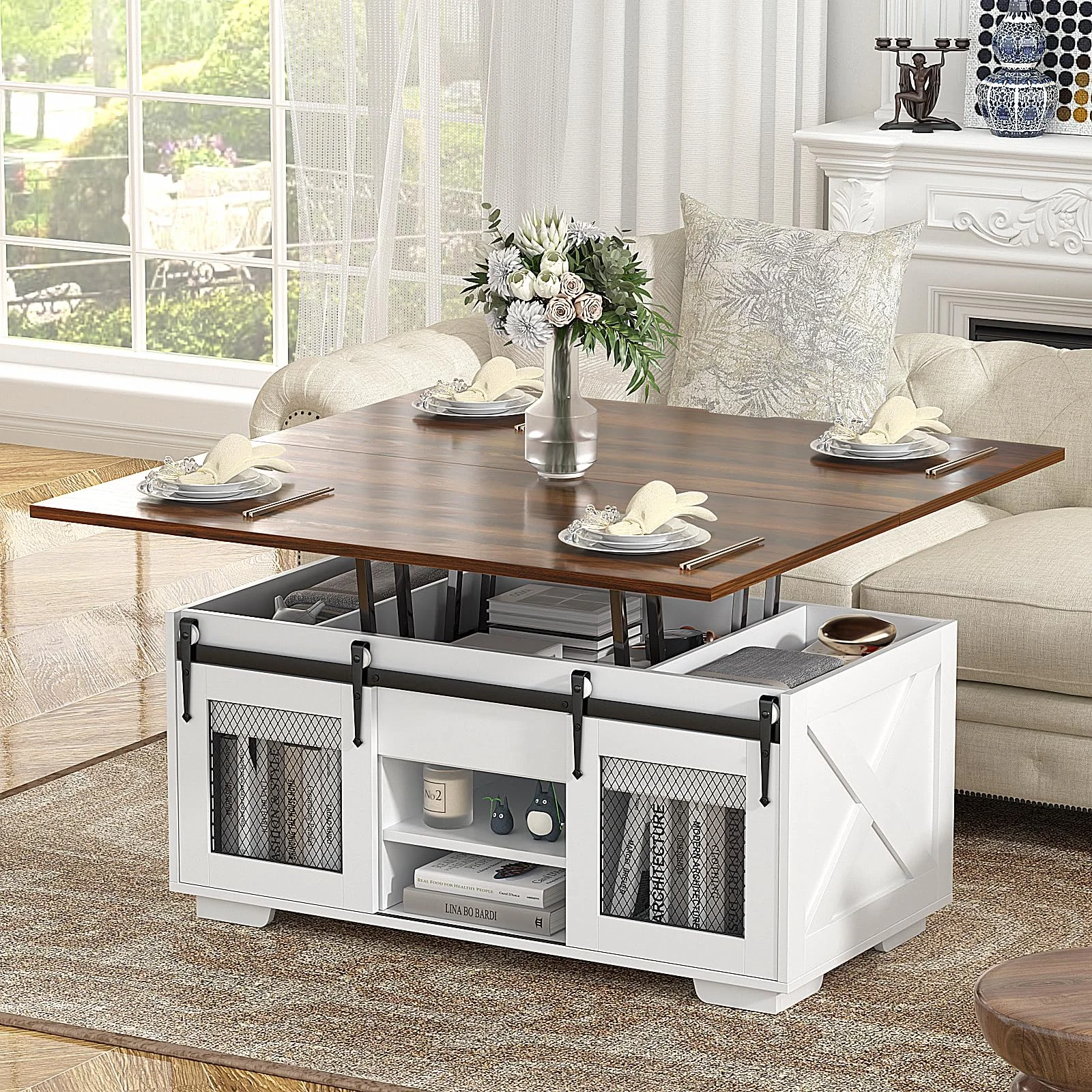 VOWNER Couchtisch Höhenverstellbar, 3-in-1-Multifunktions-Wohnzimmertisch mit Versteckter Aufbewahrung, Couchtisch Umwandelbar in Wohnzimmer-Esstisch, Bauernhausstil (Walnussfarbe mit Holzmaserung)