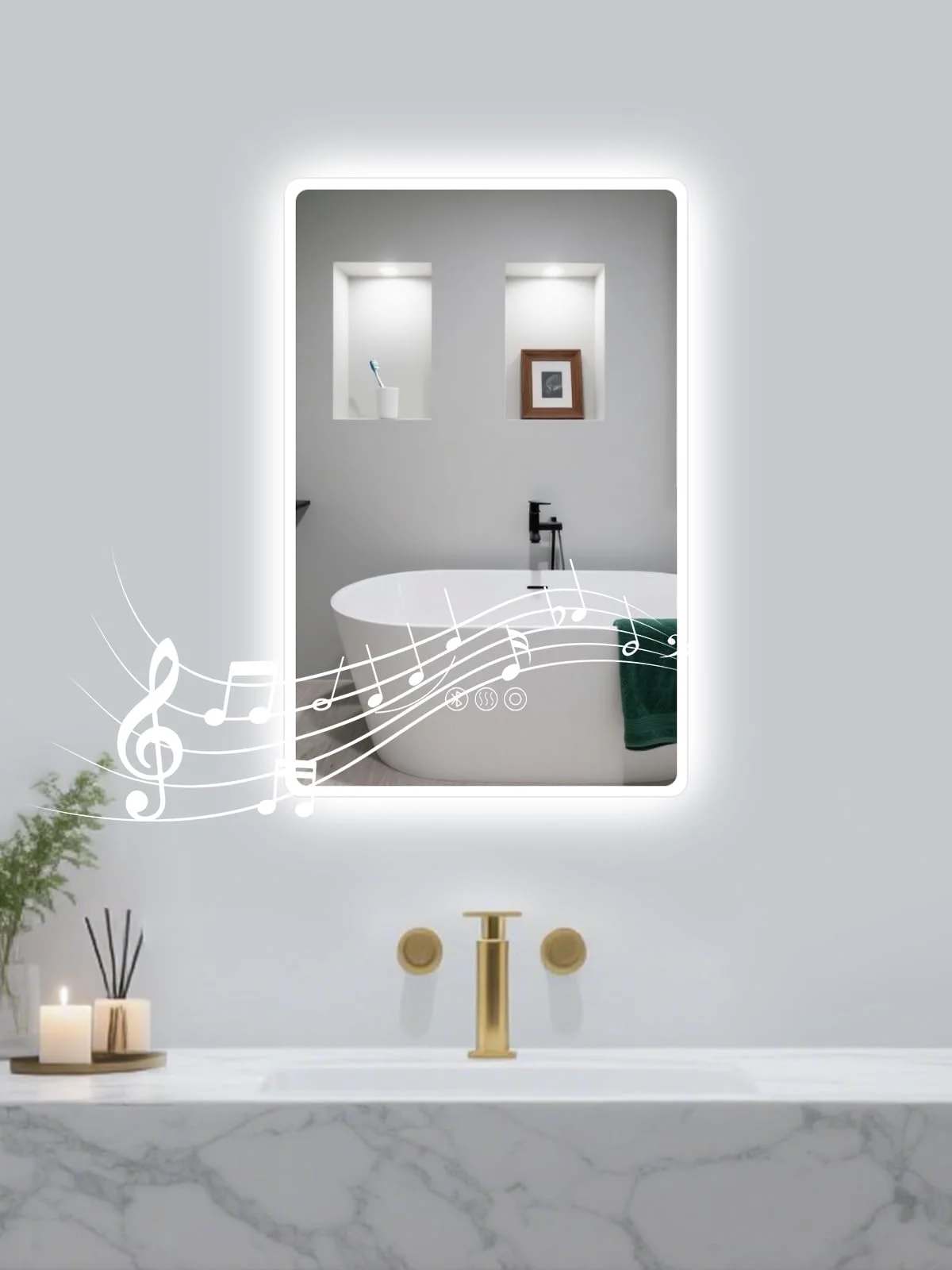Habison Badspiegel mit Beleuchtung,40x60cm LED Badezimmerspiegel Mit Licht und Bluetooth, Entfoggen, 3 Farbtemperaturen, Dimmbar, Speicherfunktion, IP44 Bathroom Mirror Bluetooth
