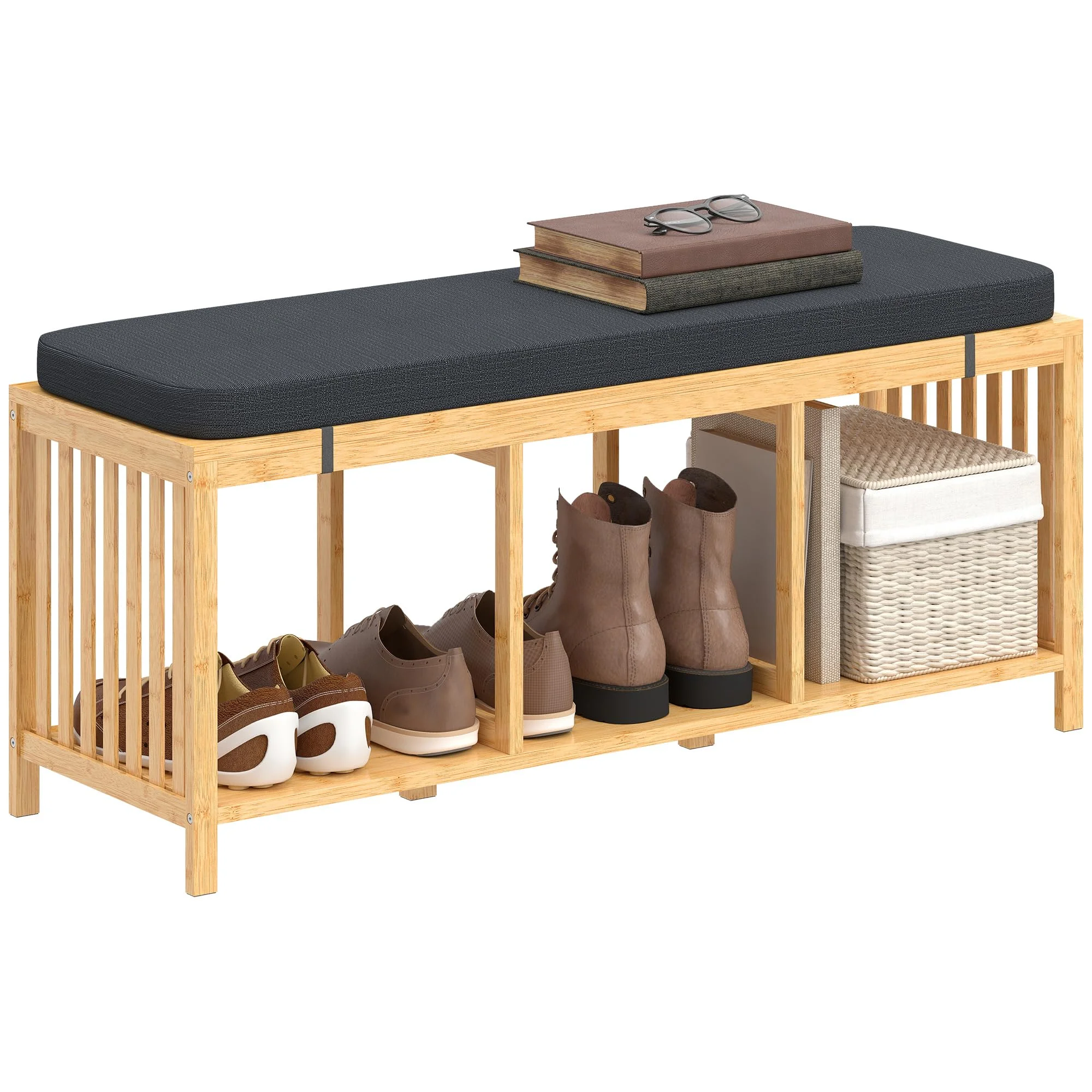 HOMCOM Schuhbank mit Sitzfläche, Schuhregal mit Stauraum, Sitzbank aus Bambus mit offener Ablage, Leinenoptik für Flur und Eingangsbereich, 102 x 33 x 45 cm, Naturholz