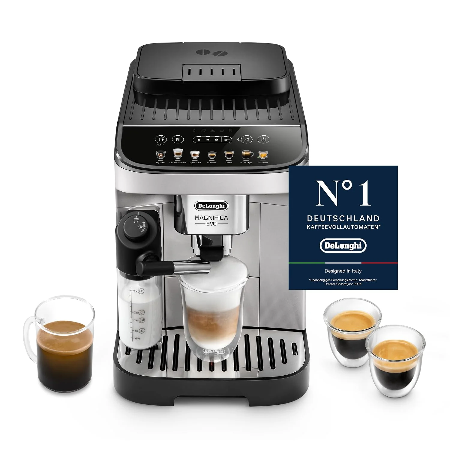 De’Longhi Magnifica Evo - Kaffeevollautomat mit Vollautomatischem cremigen Milchschaum, 7 One-Touch-Getränke, Cappuccino & Espresso, Kaffeemaschine, Soft-Touch-Bedienfeld, Silber (ECAM292.81.SB)