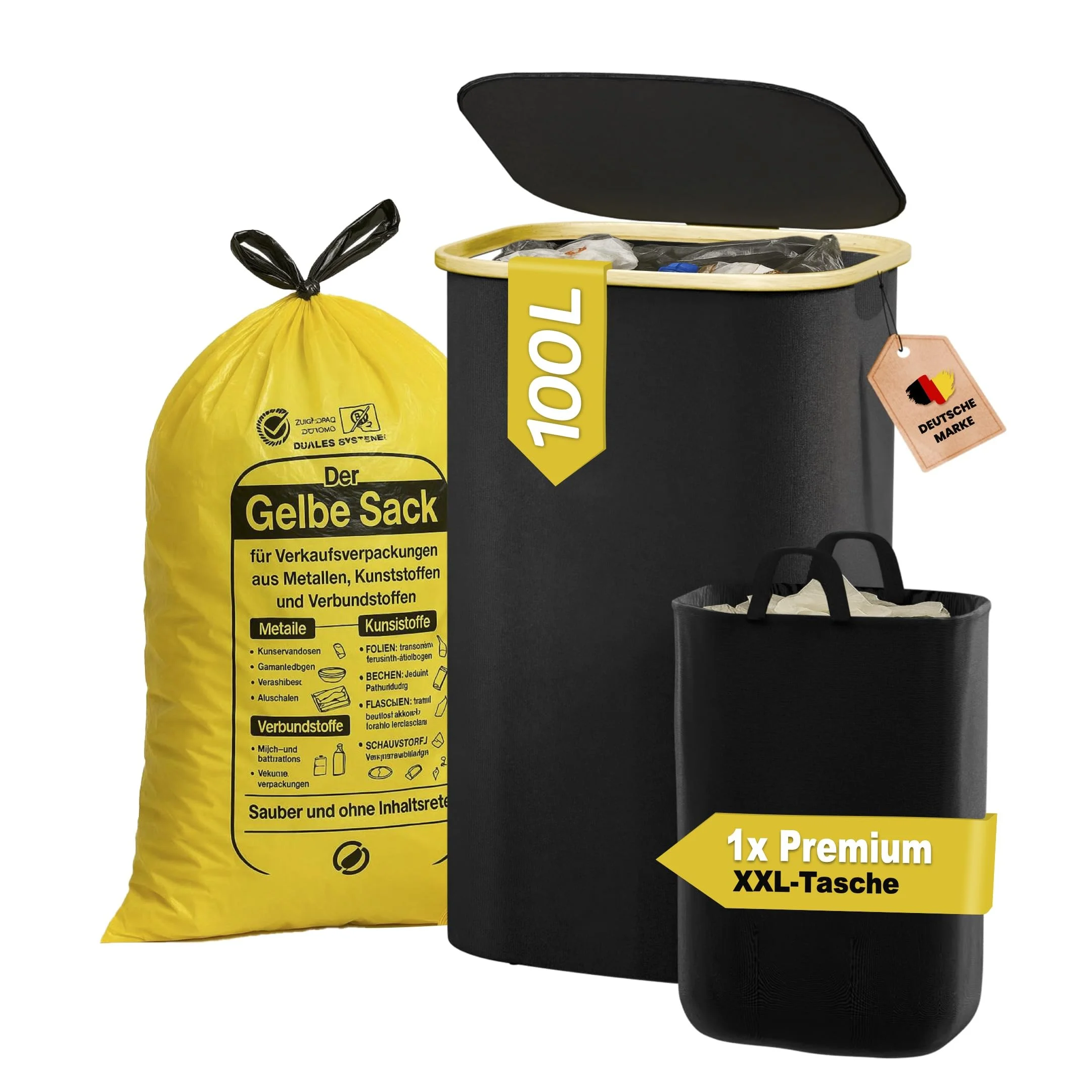 heimora Gelber Sack Ständer 100L mit Deckel & Waschbarem XXL-Innenbeutel – Premium Müllsackhalter für Küche & Haushalt – Stabiler Gelber Sack Mülleimer zur Abfalltrennung (Schwarz)