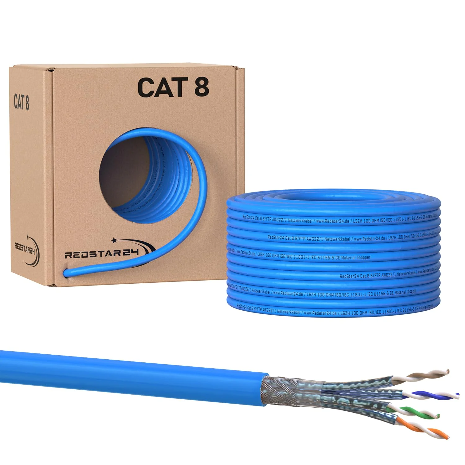 Redstar24 50m CAT 8 Verlegekabel Netzwerkkabel CAT8.1 LAN Halogenfrei Installationskabel CAT8 Kabel Netzwerk Verkabelung Datenkabel bis zu 40 Gbit/s Kupfer Ethernet cable S/FTP LSZH