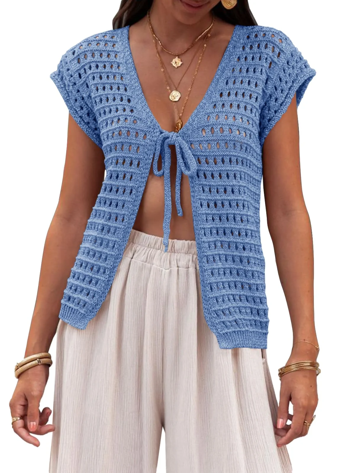 Saodimallsu Damen Sommer Strickjacke V-Ausschnitt Sexy Boho Tops Kurzarm Open Front Strickpullover Crochet Leichte Strand Bikini Cover Up Kurze Cardigan